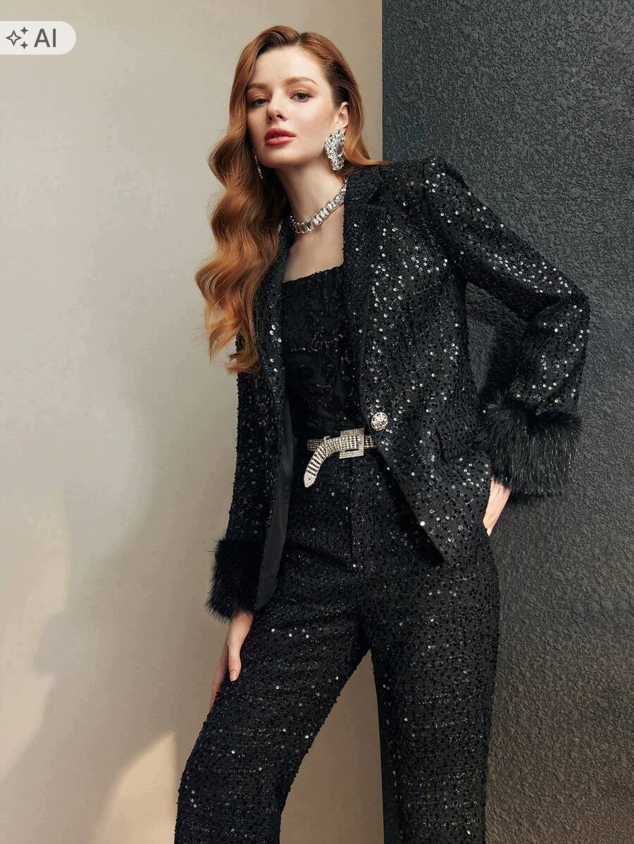Shein Černá Flitrová Sako Elegantní S Klopami Xs 1LA