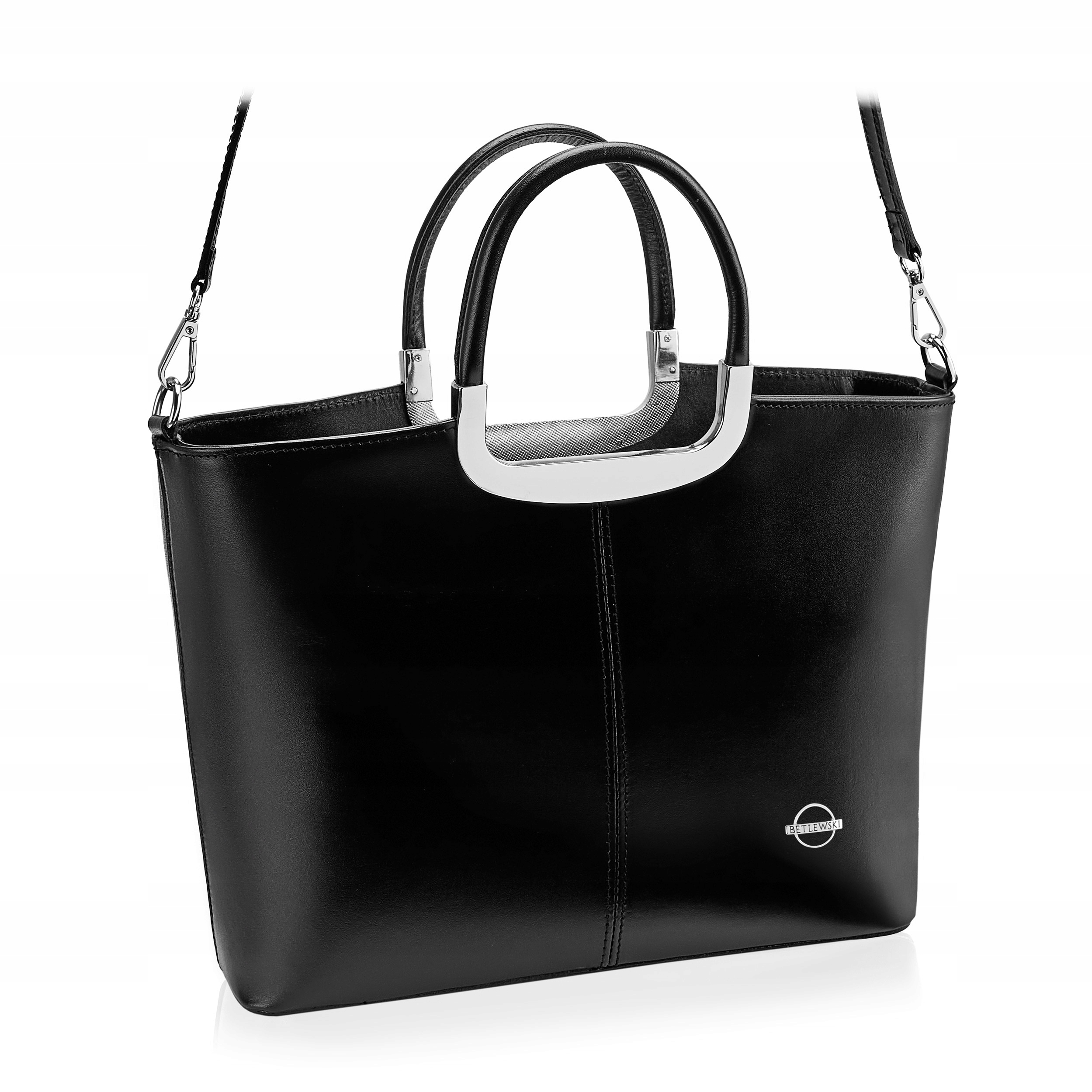 Betlewski Dámská klasická kožená kabelka přes rameno, stříbrné doplňky, pohodlí
