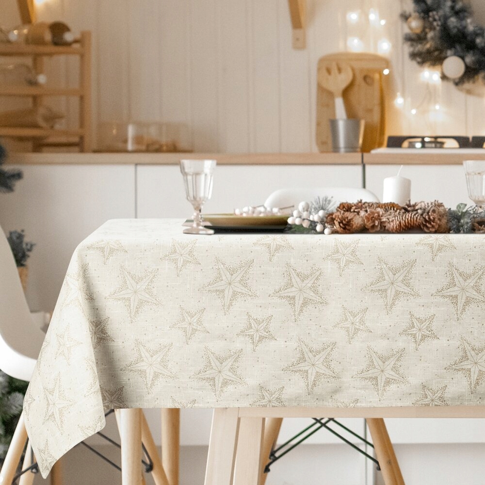 Vánoční ubrus Winter 145x350 Eurofirany krémový se zlatými hvězdičkami