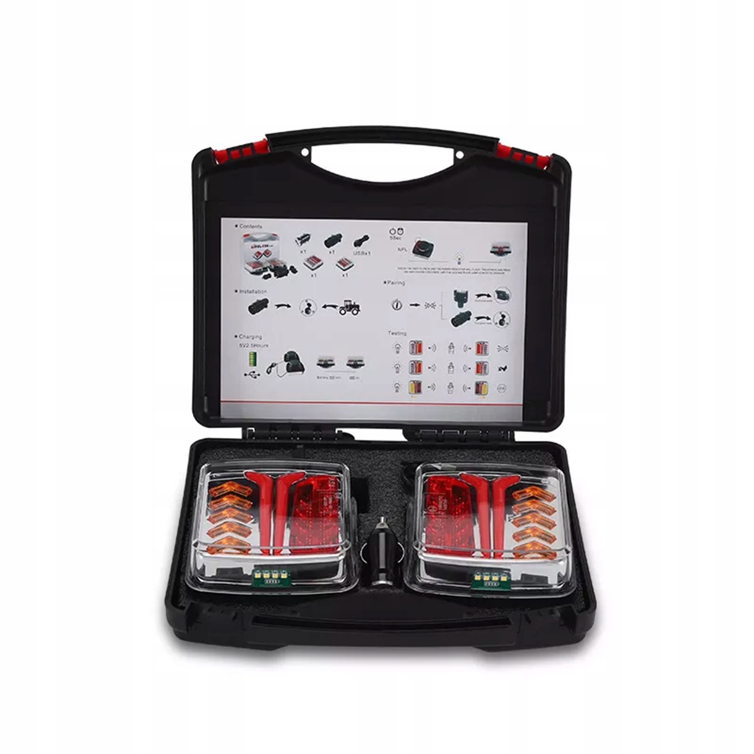 Belaidis galinių LED žibintų komplektas priekabai, 12–24 V, 7 kontaktų, IP65, 4 funkcijų, 2000 mAh