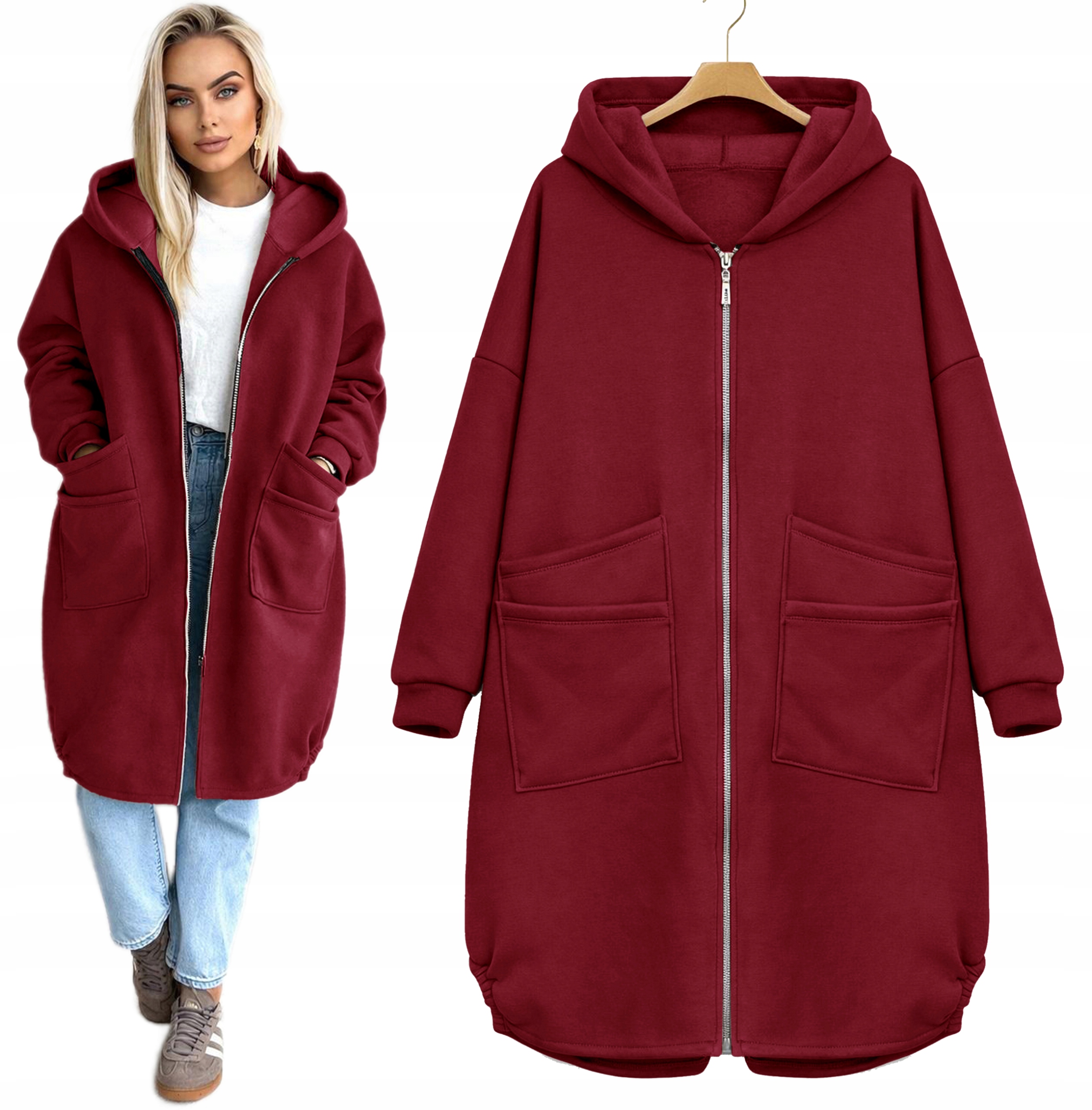 Gruba ciepła rozpinana Bluza damska Narzutka zamek kaptur stójka Lucy
