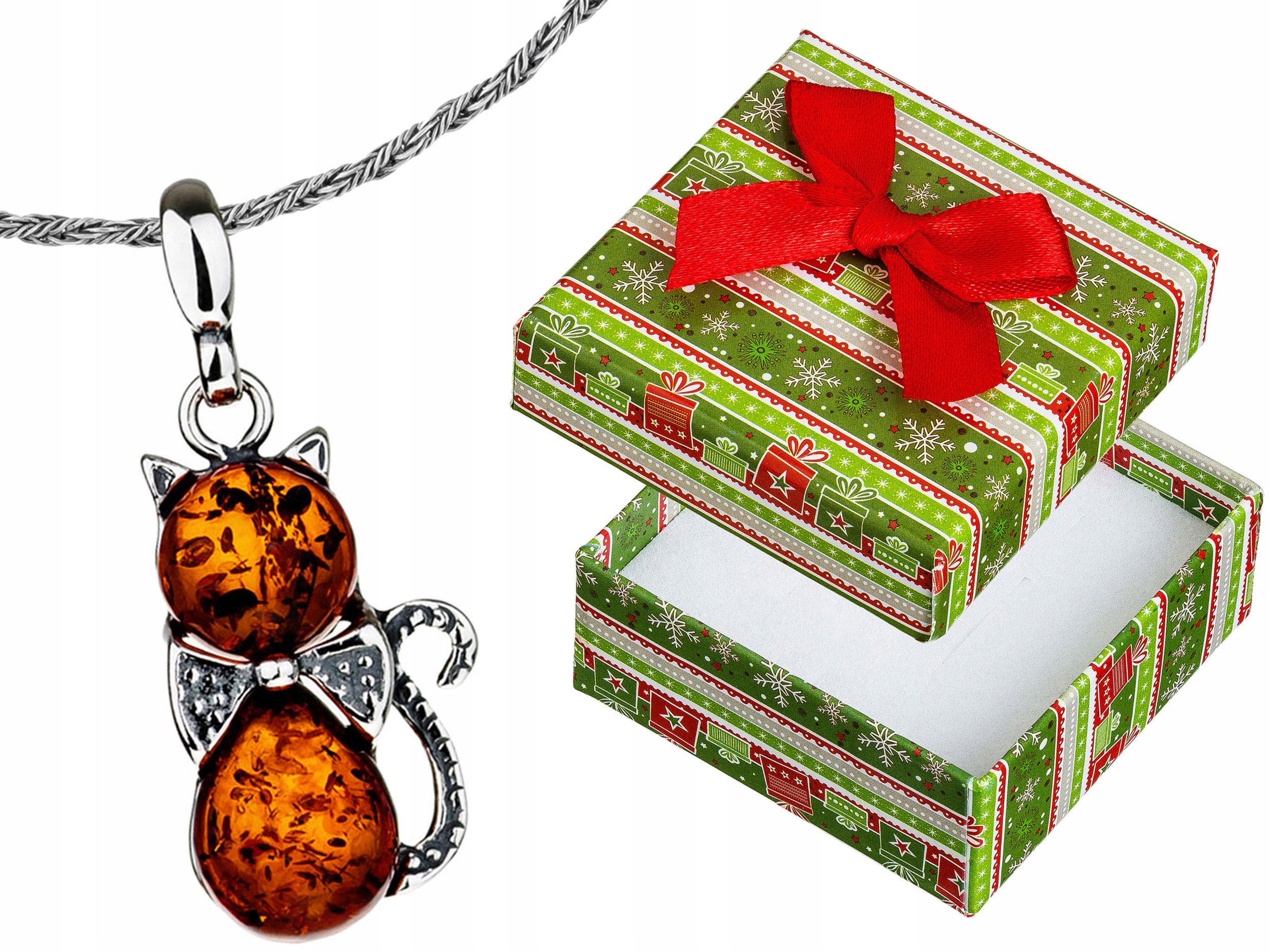 Krátký Stříbrný Oxidovaný Dámský Náhrdelník Kočka s Jantarem Koťátko Stříbro 45