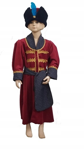 kostým Šlechtic magnát kožešina župan 164 bordový, pírko námořnická modrá, pstrokaté kožešina