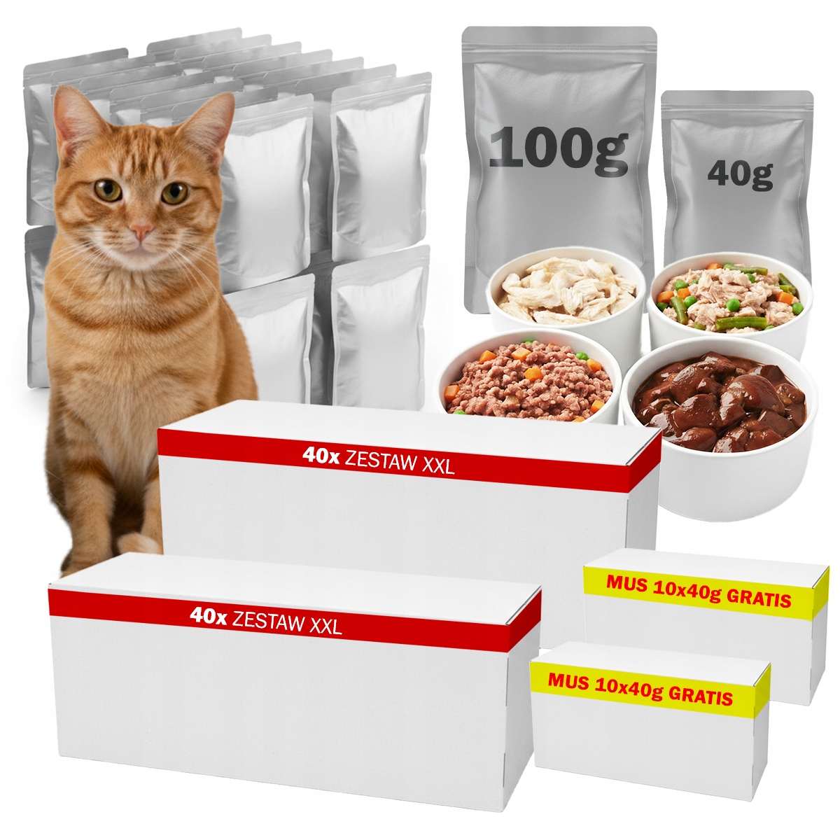 Levně Krmivo Vlhké pro kočky Sáčky mix chutí XXL 80x100g Pěna 20x40g Bonus