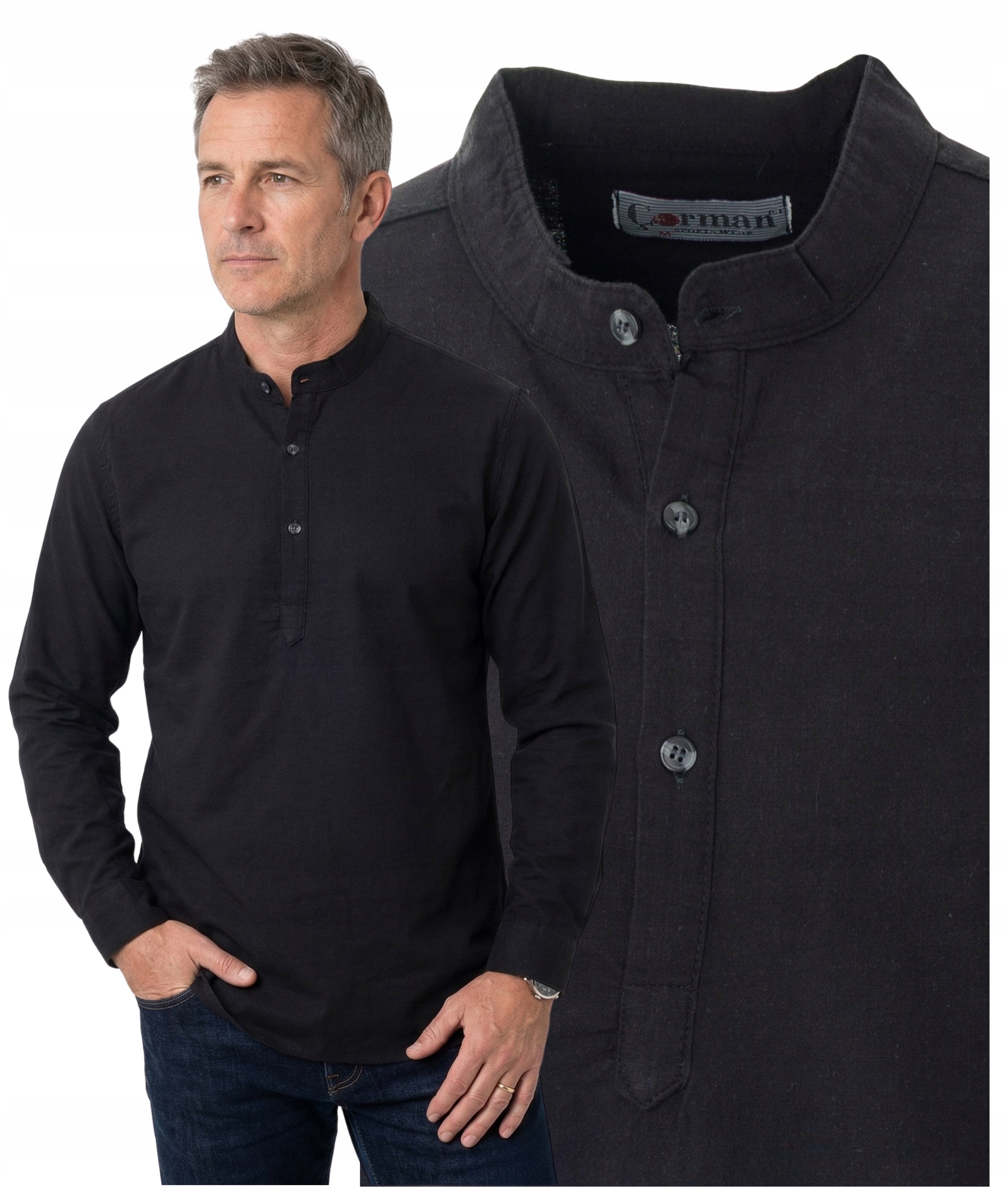 koszula męska ze stójką Bawełniana Letnia Guziki czarna Przewiewna Duża 3XL