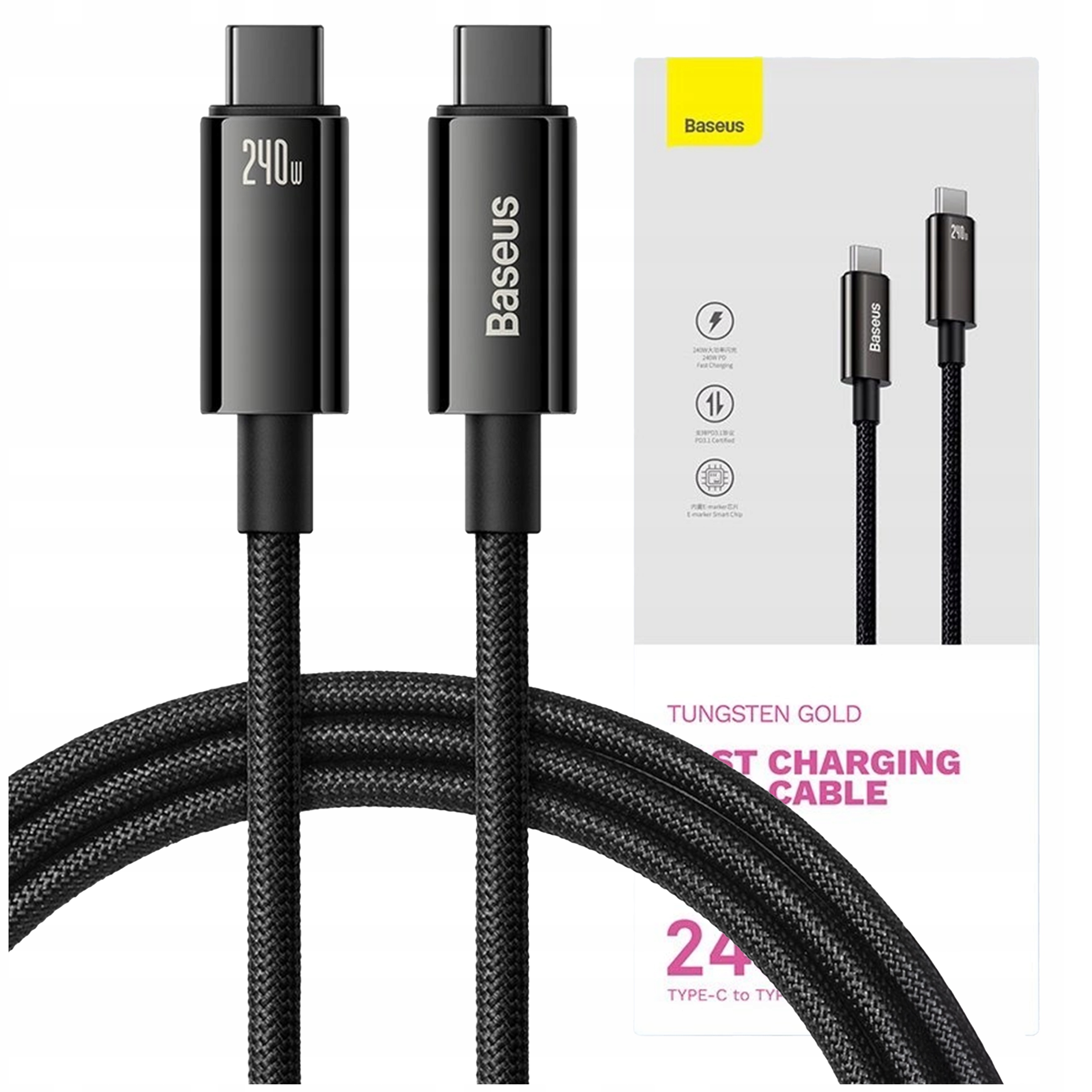 Baseus Tungsten Gold 240W USB-C do USB-C 3m Czarny