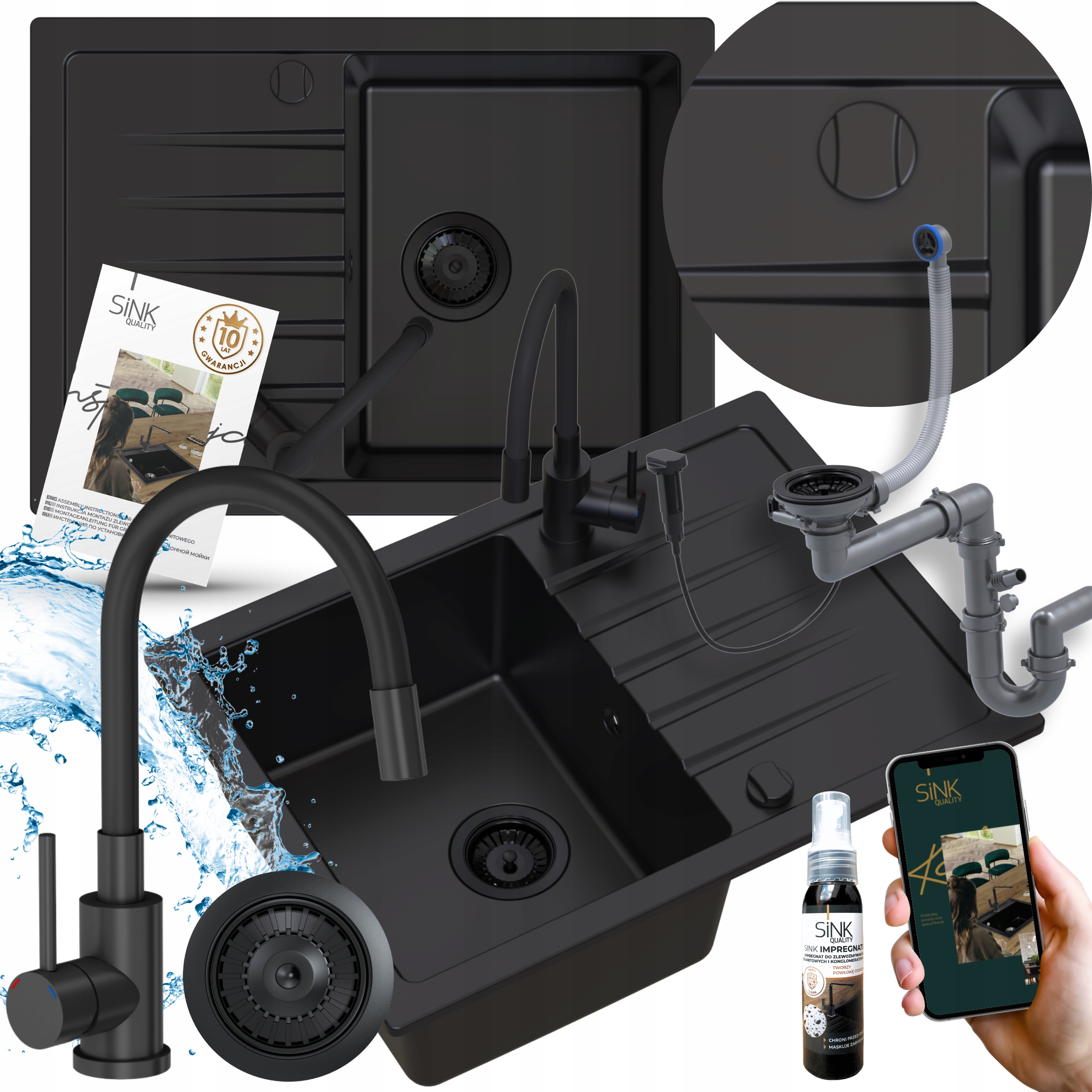 Set Granitový Drez Čierny Mat Batéria Sifón Automat Impregnácia 8v1