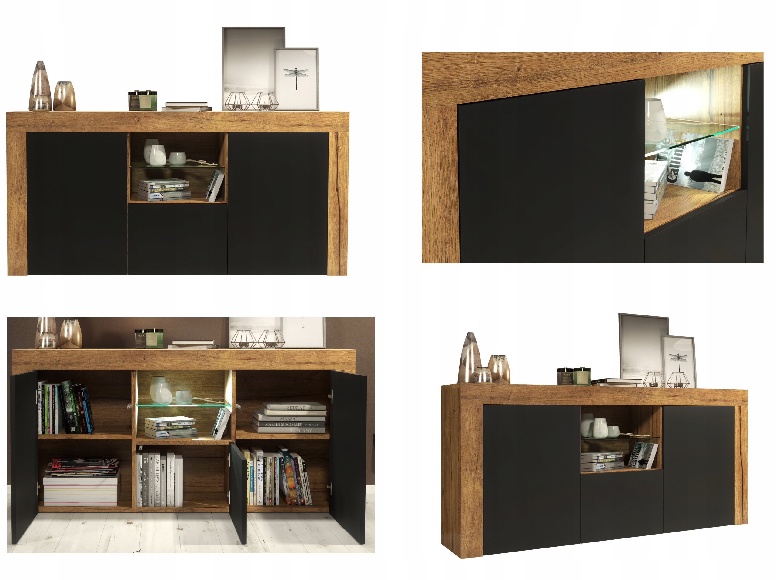 Komoda Loft Retro Dąb/Czarny Mat Szafka Rtv Do Salonu Do Pokoju 145 cm E111