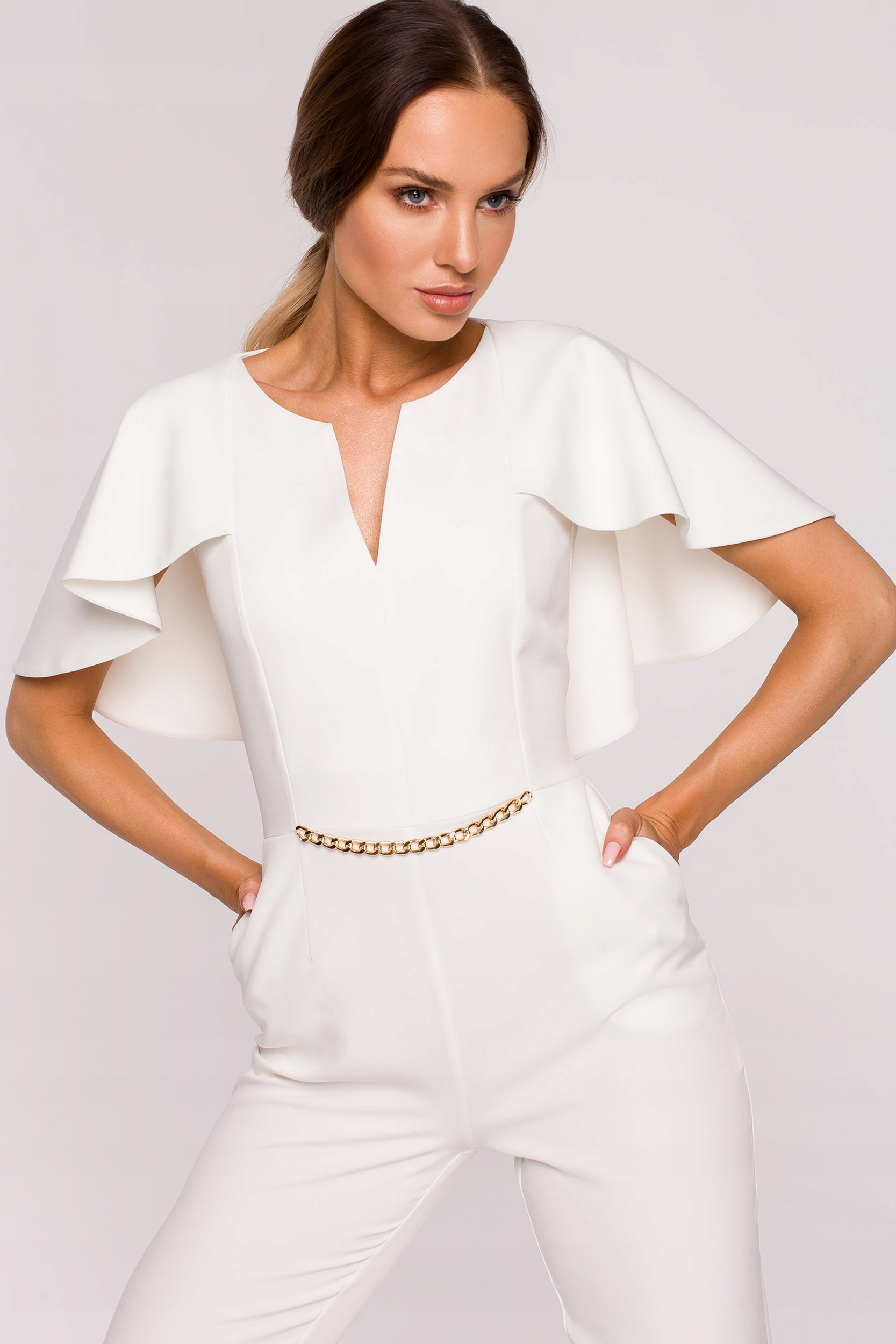 KOMBINEZON DAMSKI ELEGANCKI KOBIECY GŁADKI WYSZCZUPLAJĄCY ECRU 44 XXL Rękaw inny rękaw