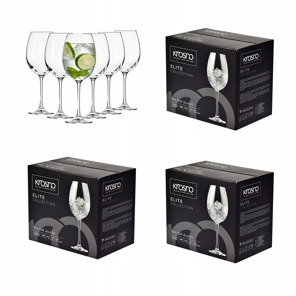 Veľké Vysoké poháre na vodu a víno a nápoje Krosno Elite 24x480 ml Komplet