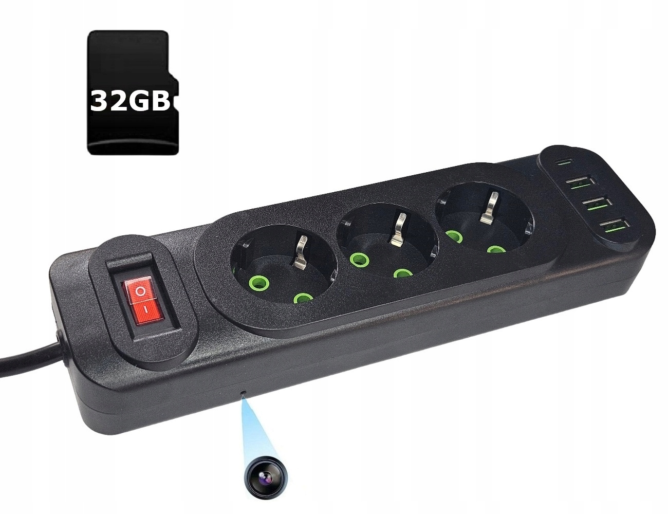 Skrytá Kamera Predlžovací Kábel Napájacia Lišta 3 Zásuvky Pamäť 32GB Wifi