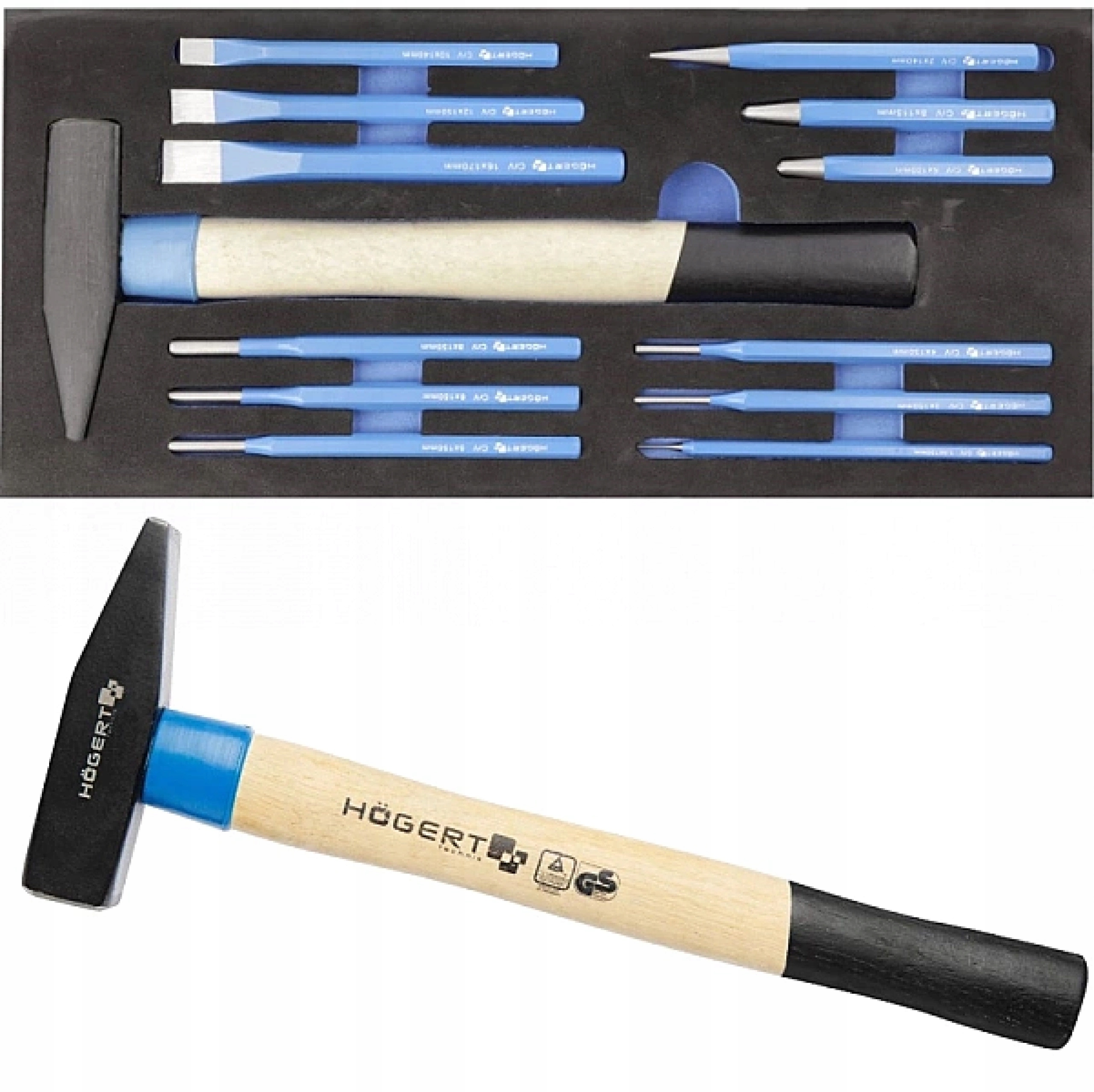 Zestaw Narzędzi Młotek Przecinaki Punktak Wybijak Wkład do szafki Hoegert