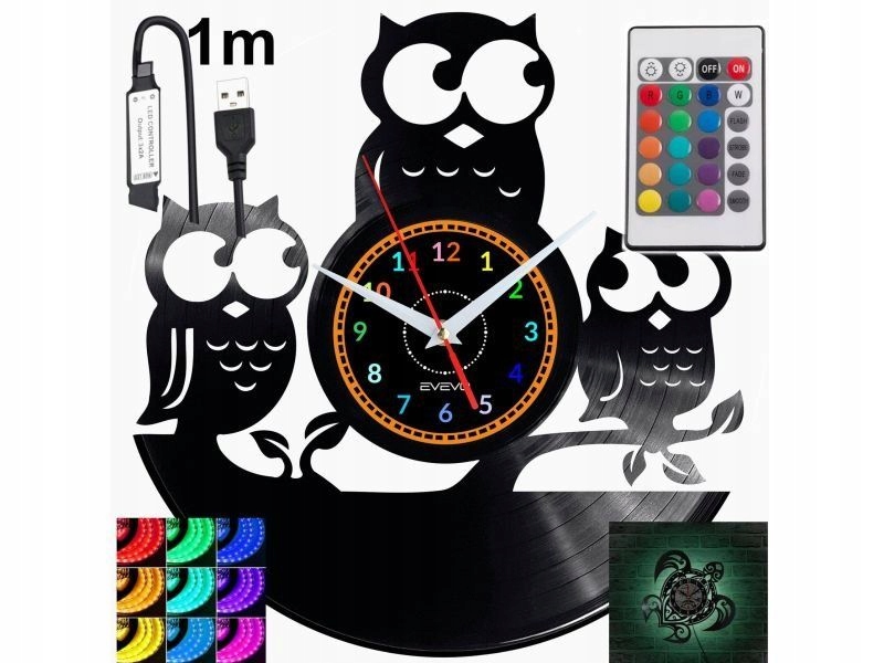 Sova Nástěnné hodiny Rgb Led podsvícené na dálkové ovládání Vinylová deska Moderní