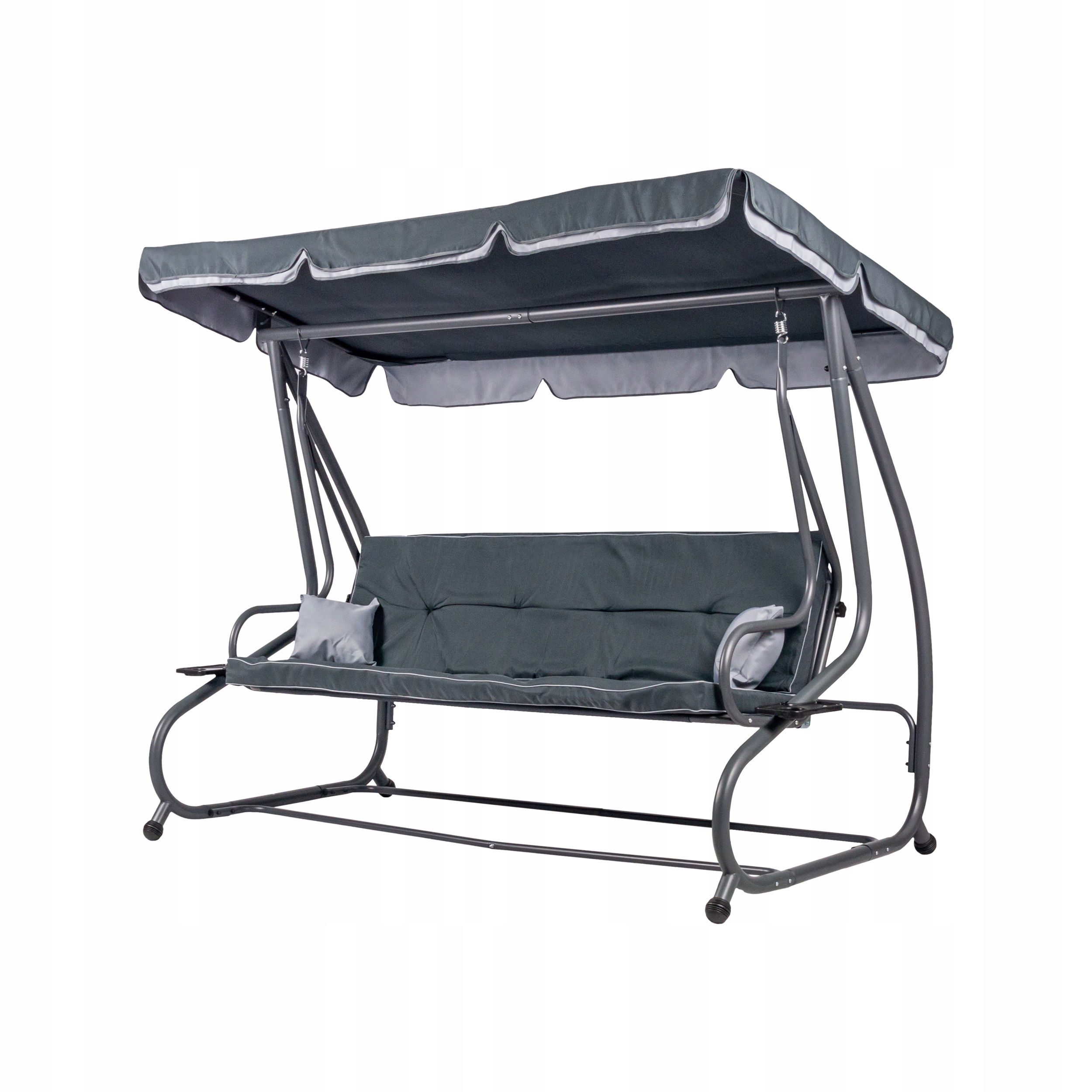 Huśtawka ogrodowa szara daszek podłokietniki rozkładana ławka bujana