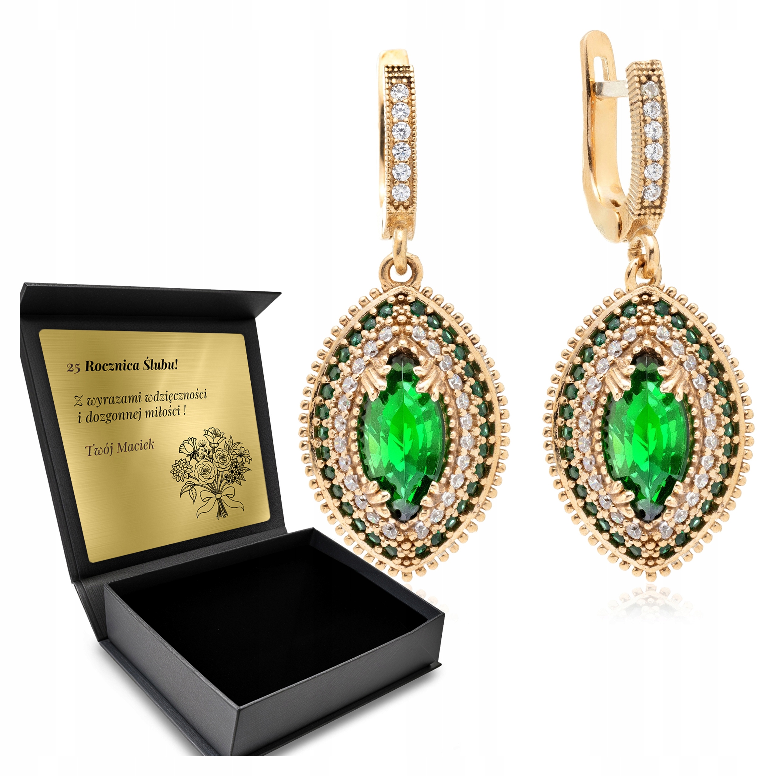 Stříbrné Náušnice Závěsné S Velkým Kamenem A Smaragdem A Zirkony Gravírování