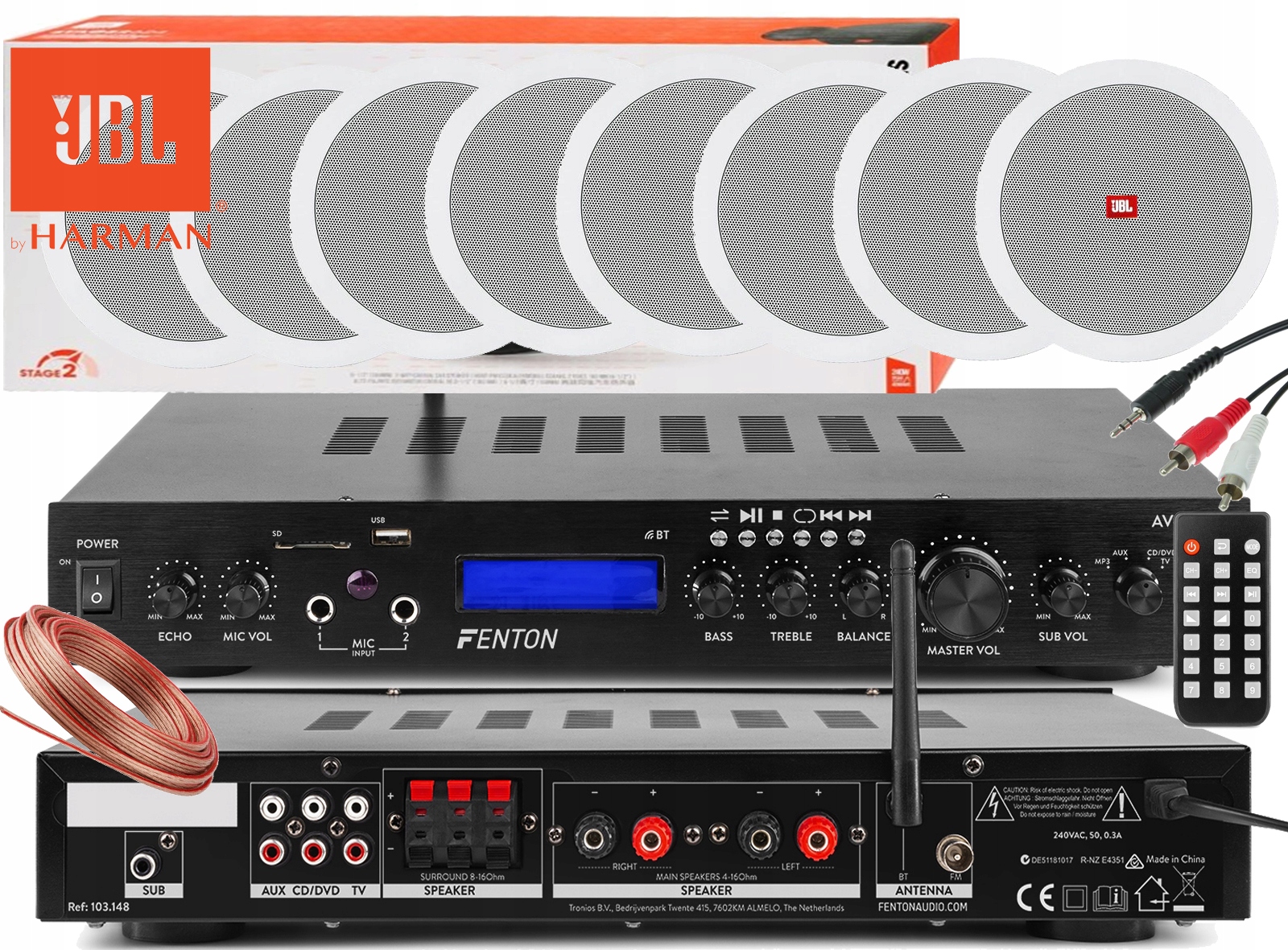 SUFITOWY ZESTAW AUDIO 8.0 GŁOŚNIKI JBL WZMACNIACZ RADIO BLUETOOTH USB 5K