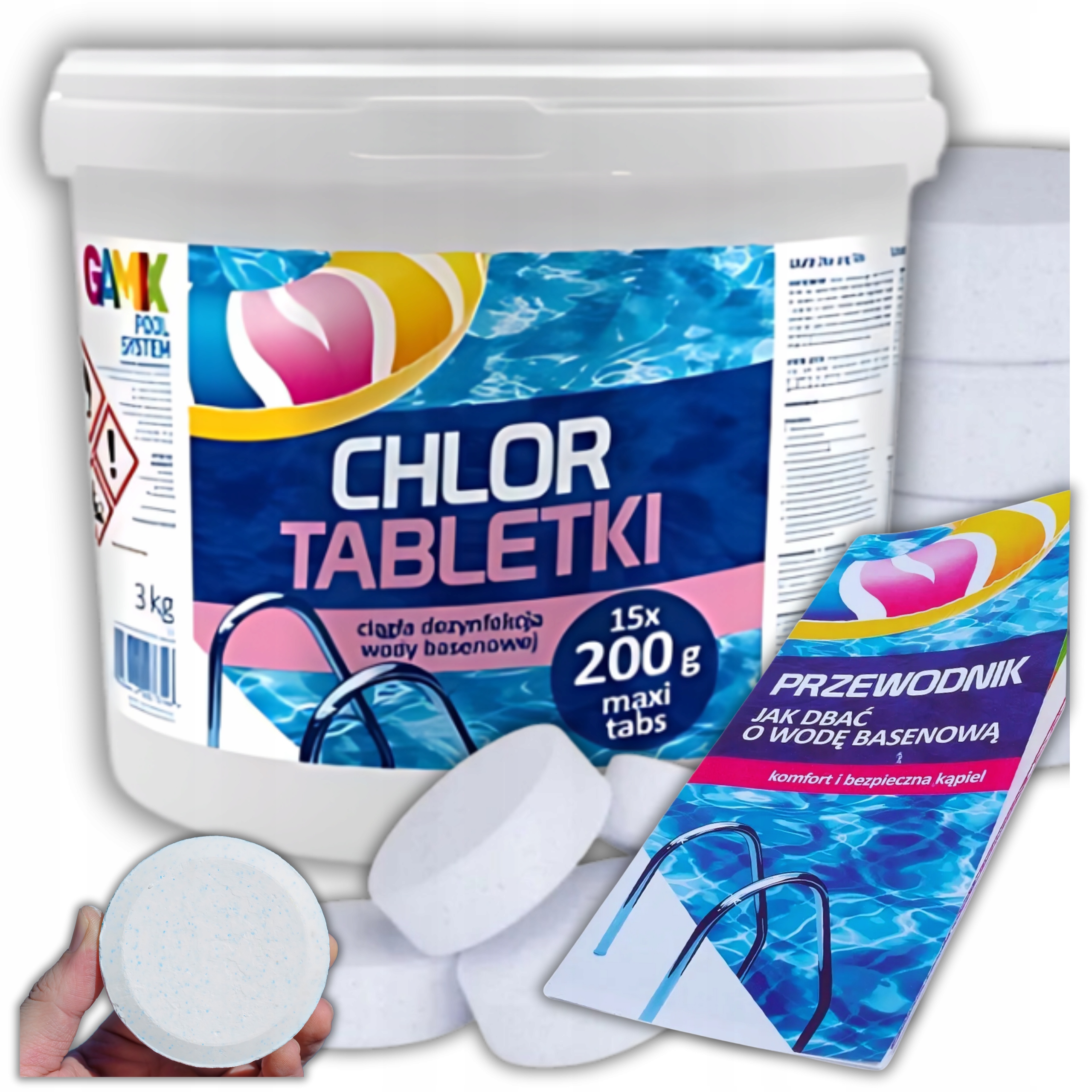 Chlor Tabletki 3KG Chlorowe Duże 15SZT 200G Chemia Basenowa Gamix +Poradnik