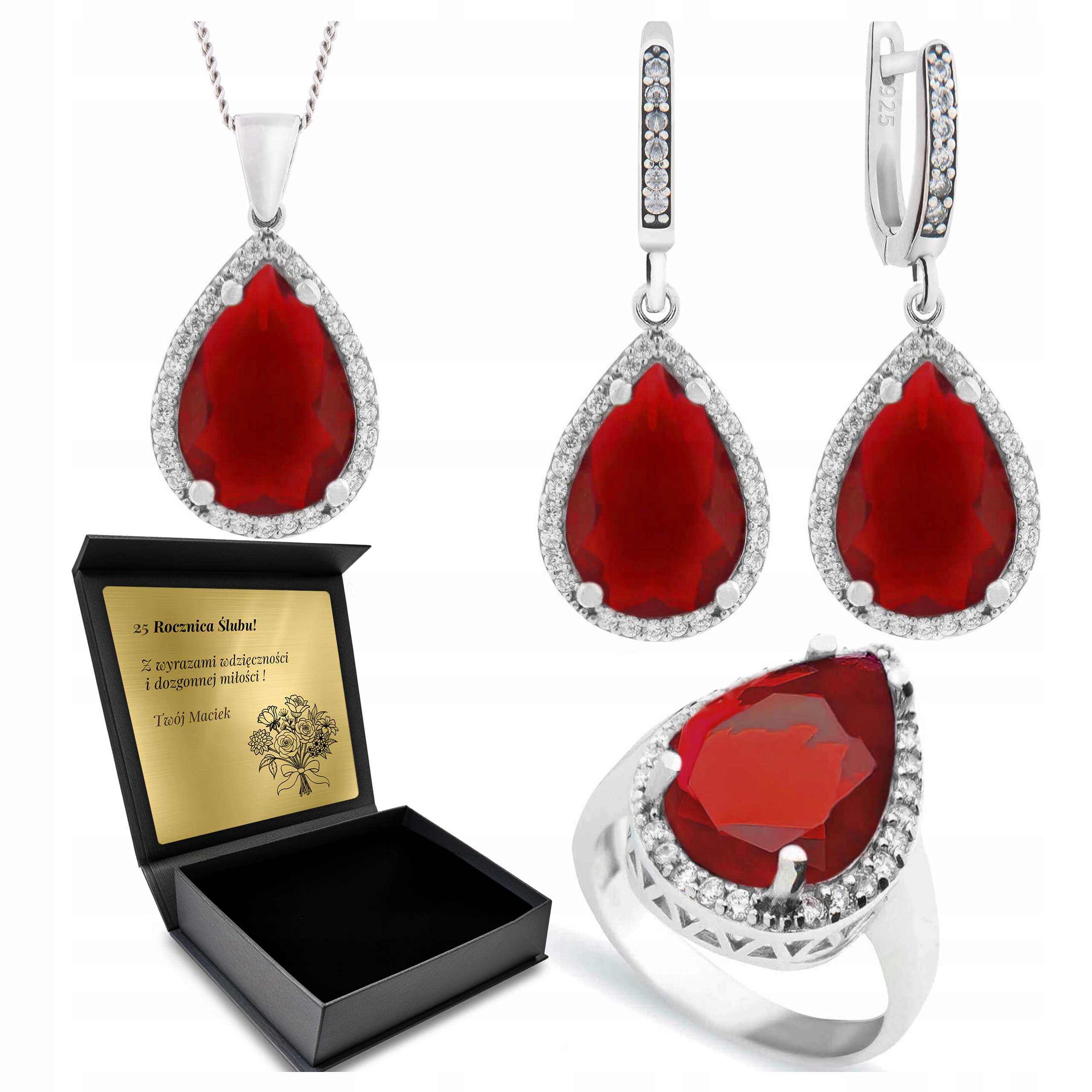 Sada Stříbrných Šperků 925 Zirkony A Rubín Sada Pro Ženu Gravírování