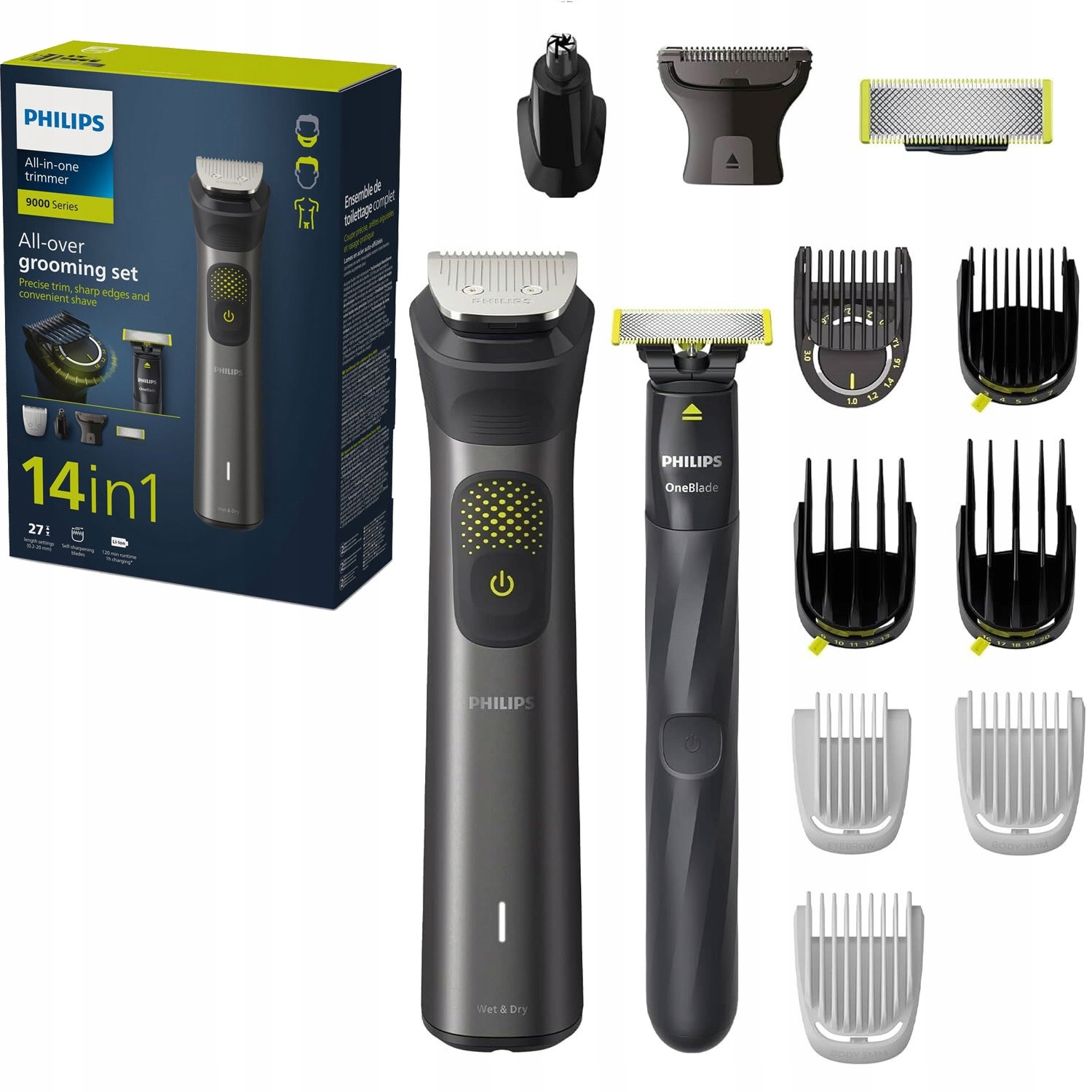 Sada 14v1 Zastrihávač Philips MG9550/15 Holiaci strojček Oneblade Tvár Telo Vlasy