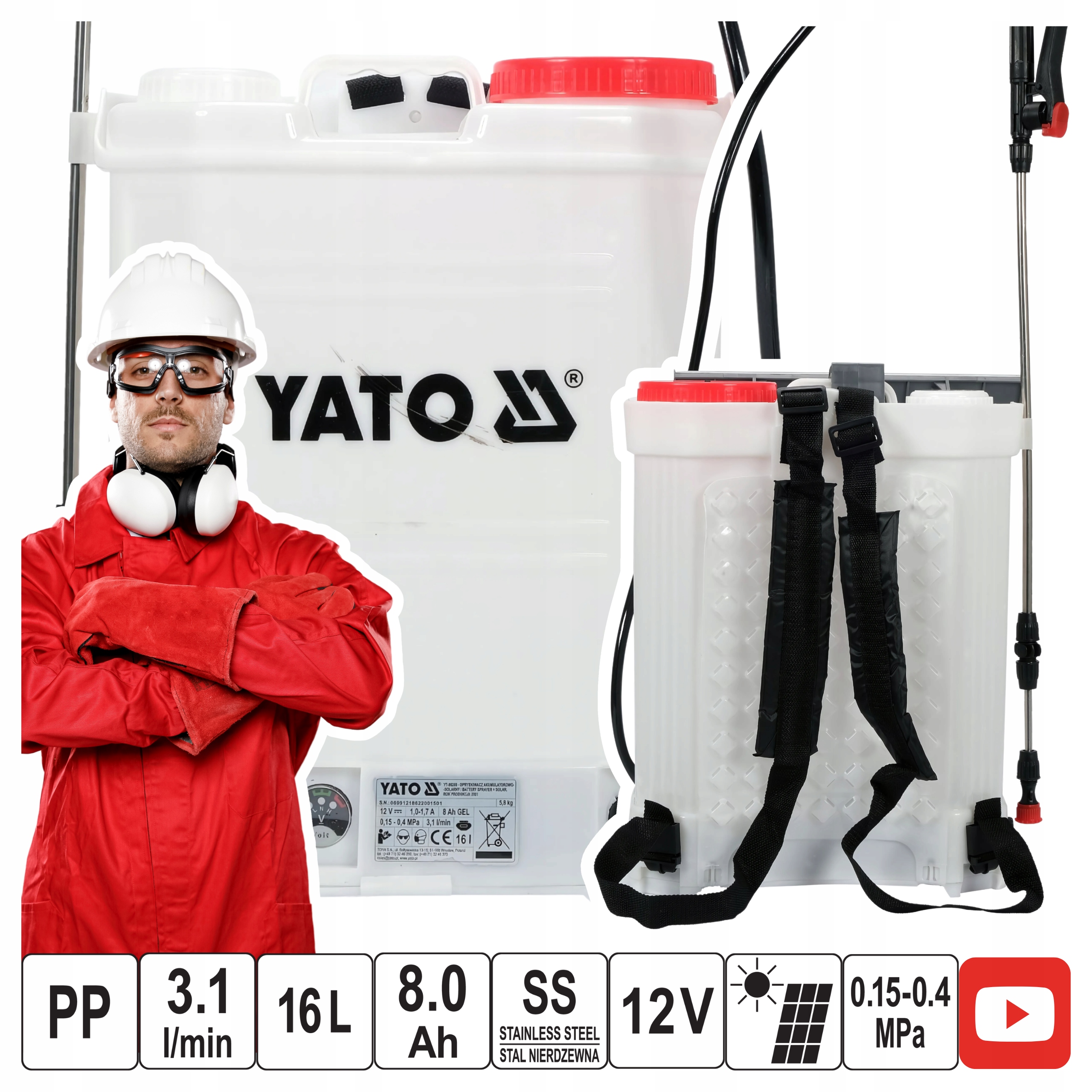 Opryskiwacz Plecakowy Akumulatorowy 12 V 16 L z Solarem 15W 8Ah YT-86220