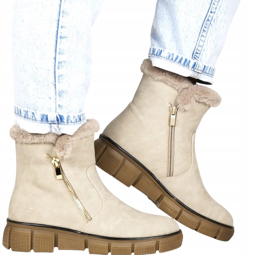 Kotníkové Boty Sněhule Na Platformě A Silné Podrážce, Béžové Kožíšek, Teplé A Lehké