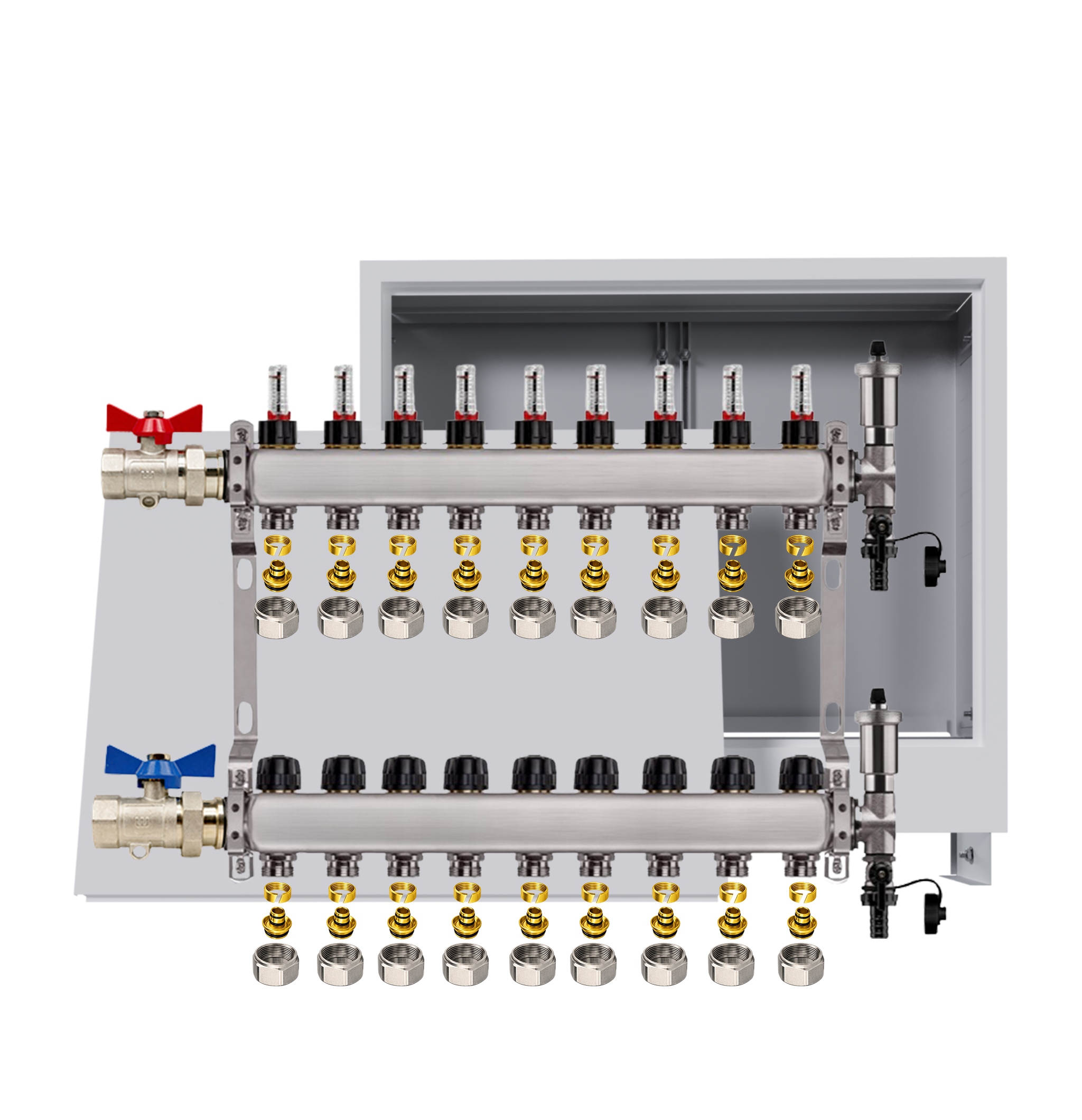 Nerezový rozdělovač pro podlahovou krytinu 9 okruhů podomítková skříňka Pex