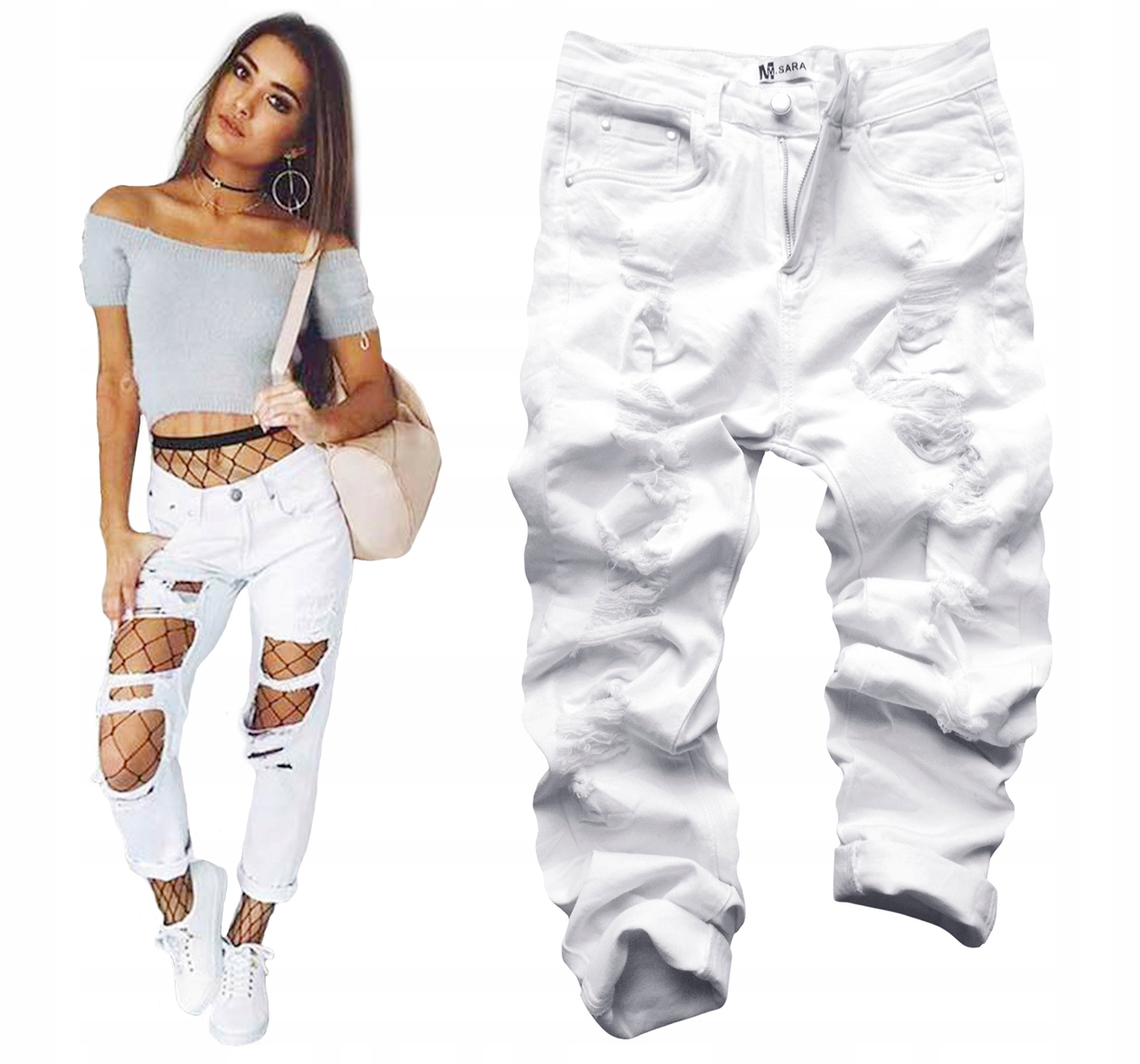 

Boyfriend Mom Spodnie Wysoki Stan Białe Jeans