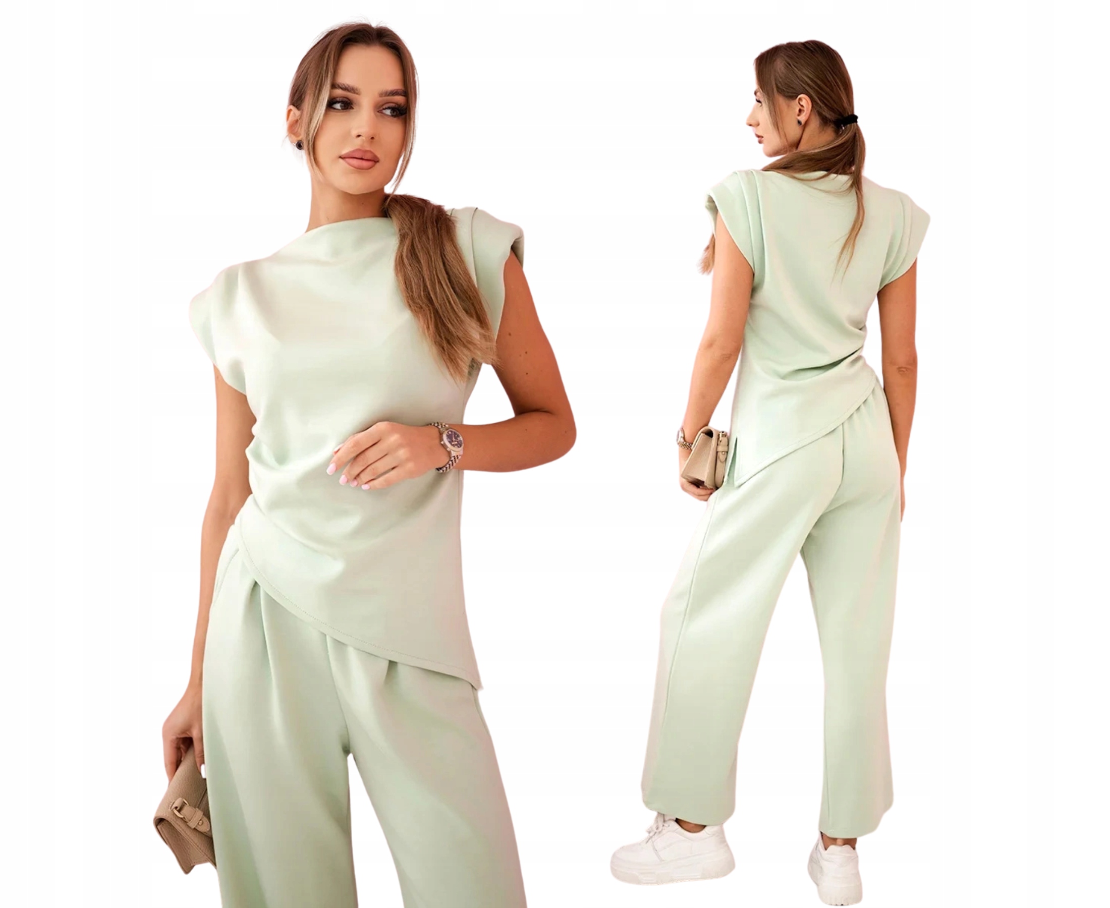Jasný mátový elegantní dámský komplet: asymetrická halenka kalhoty