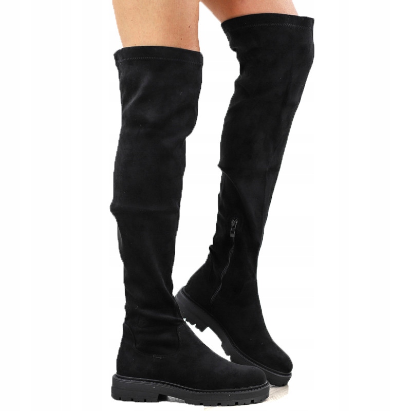 Černé kozačky kozačky dámské semišové ploché mušketýrky za koleno