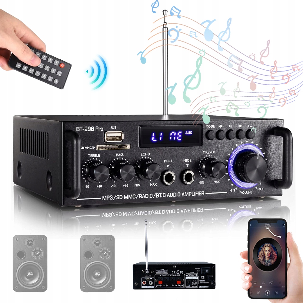 Bluetooth Audio Zesilovač, Stereo Receiver, Výkonný Radiopřijímač