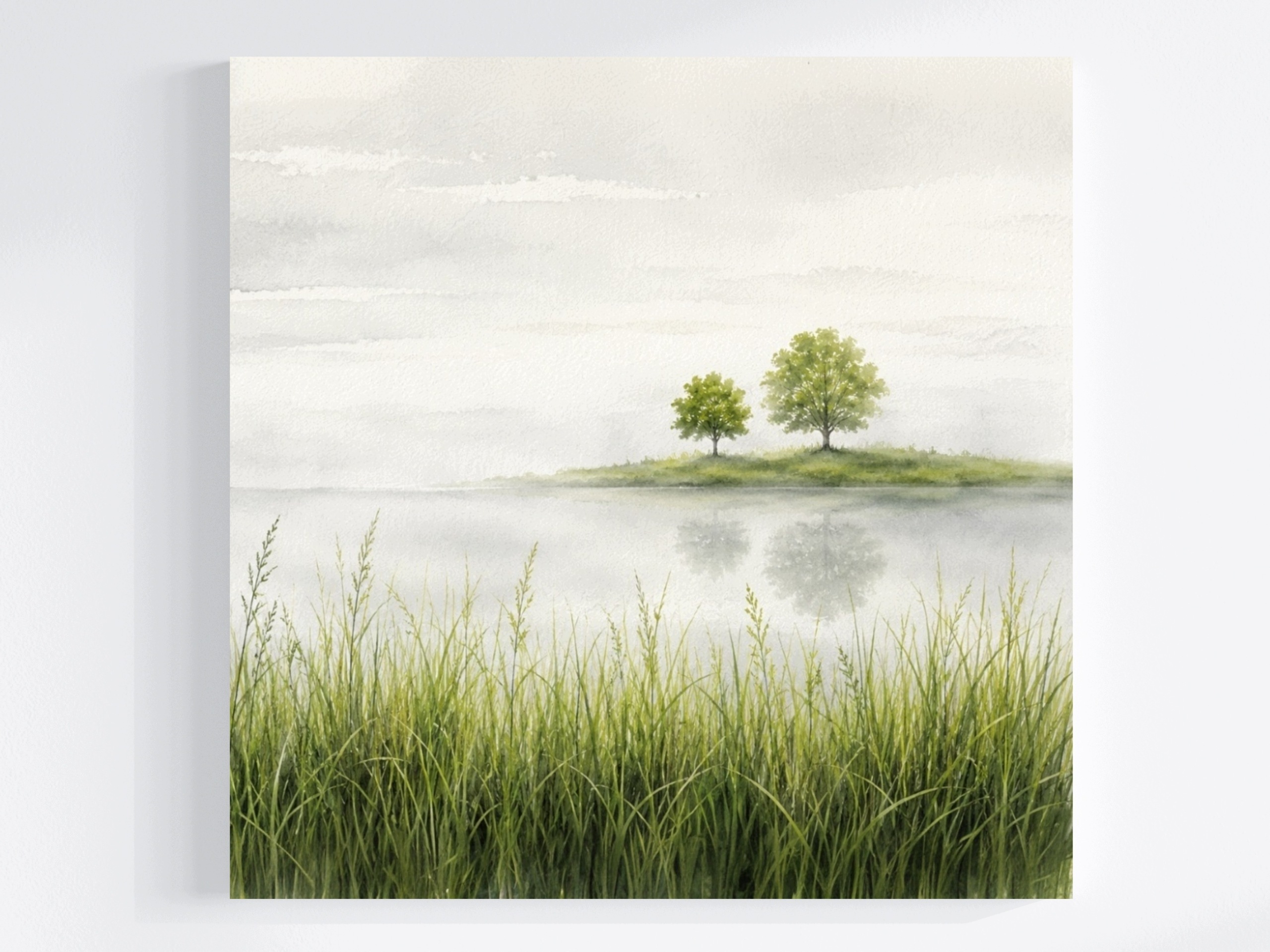 Obraz Na Plátně Canvas Akvarel Krajina Voda Břeh Tráva Dřevo 80x80