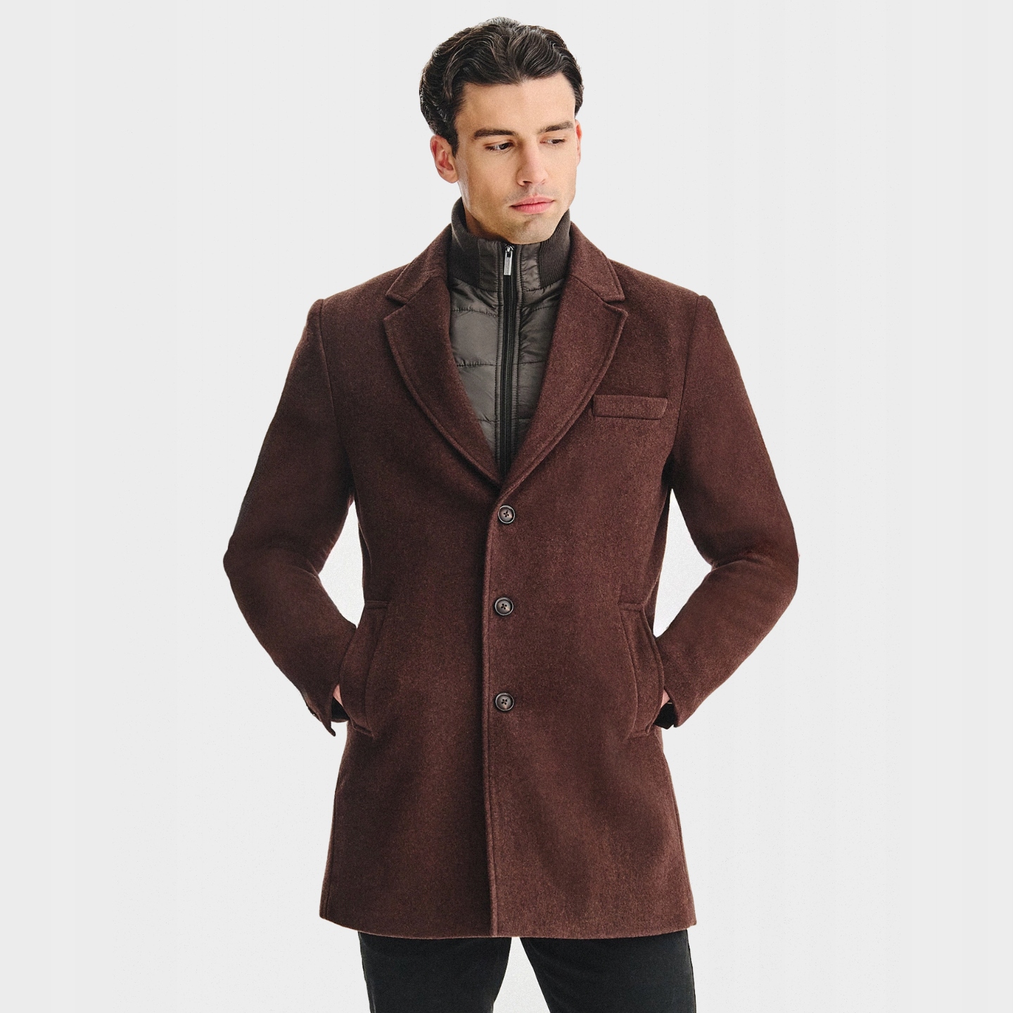 Hnědý vlněný kabát Pako Lorente s odnímatelným límcem, vel 60