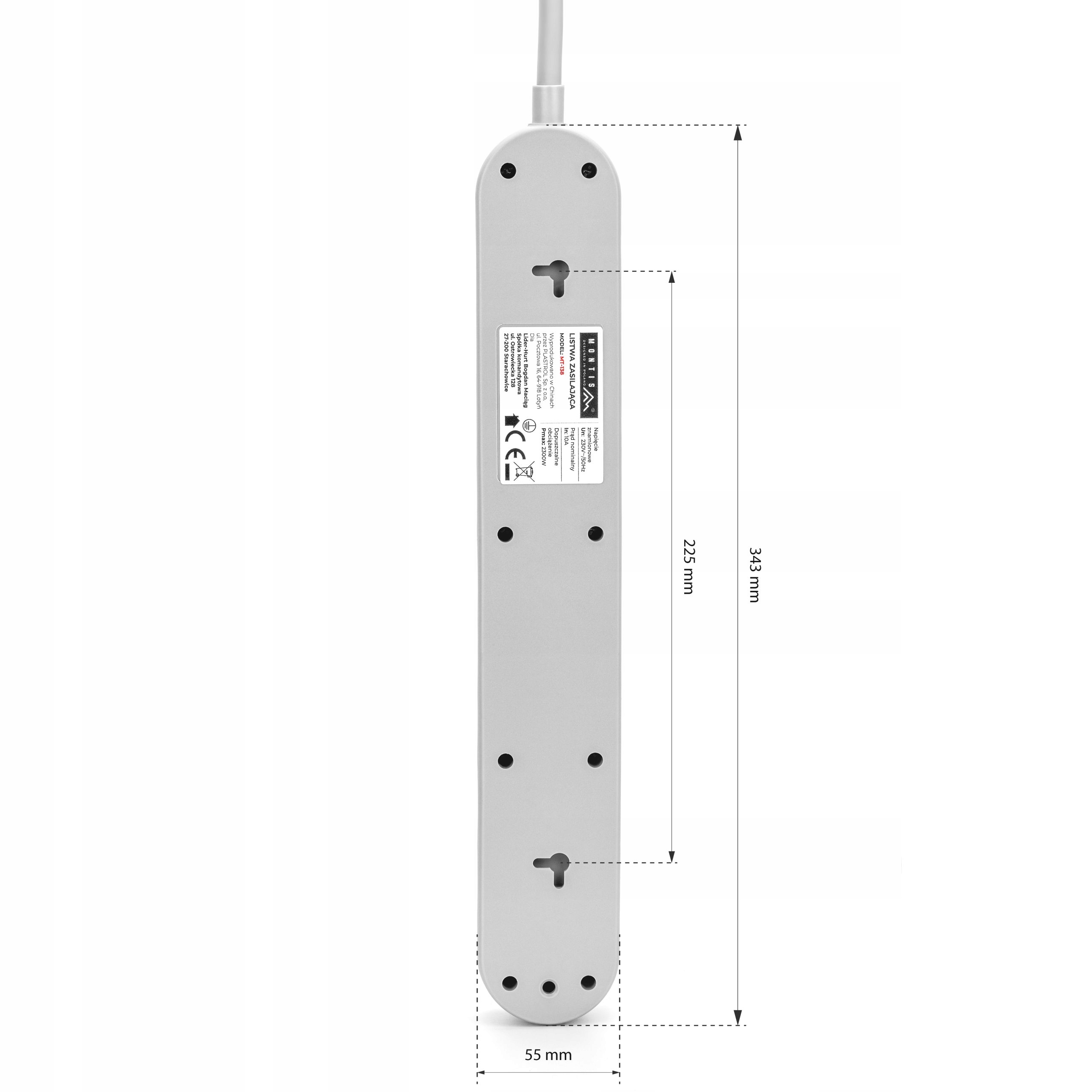 LISTWA ZASILAJĄCA PRZEPIĘCIOWA PRZECIWPRZEPIĘCIOWA 5 GNIAZD 1,5m SZARA Długość przewodu 1.5 m
