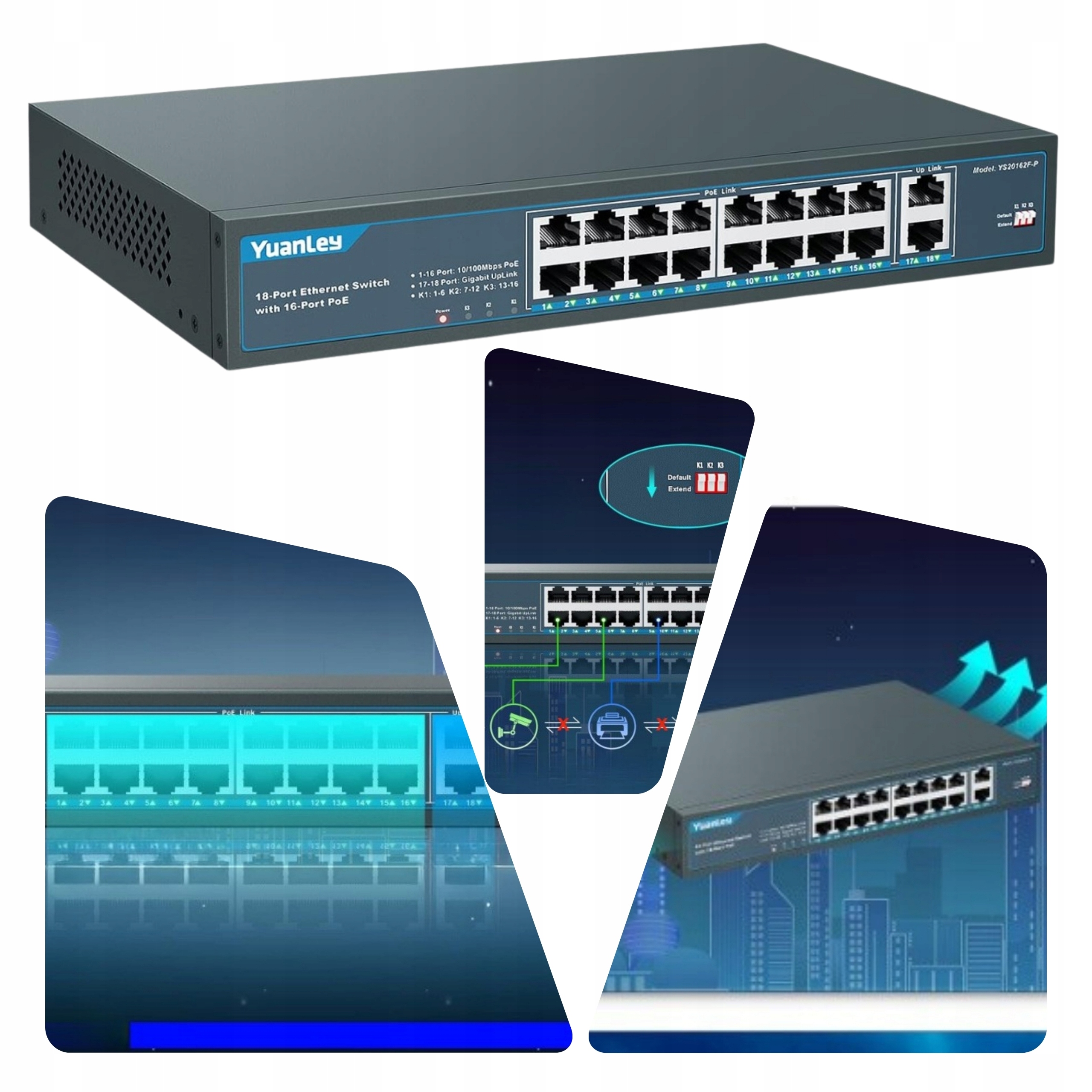 Switch PoE 18 portów 16xPoE 250W Gigabit Uplink Vlan Szafa Rack 19"
