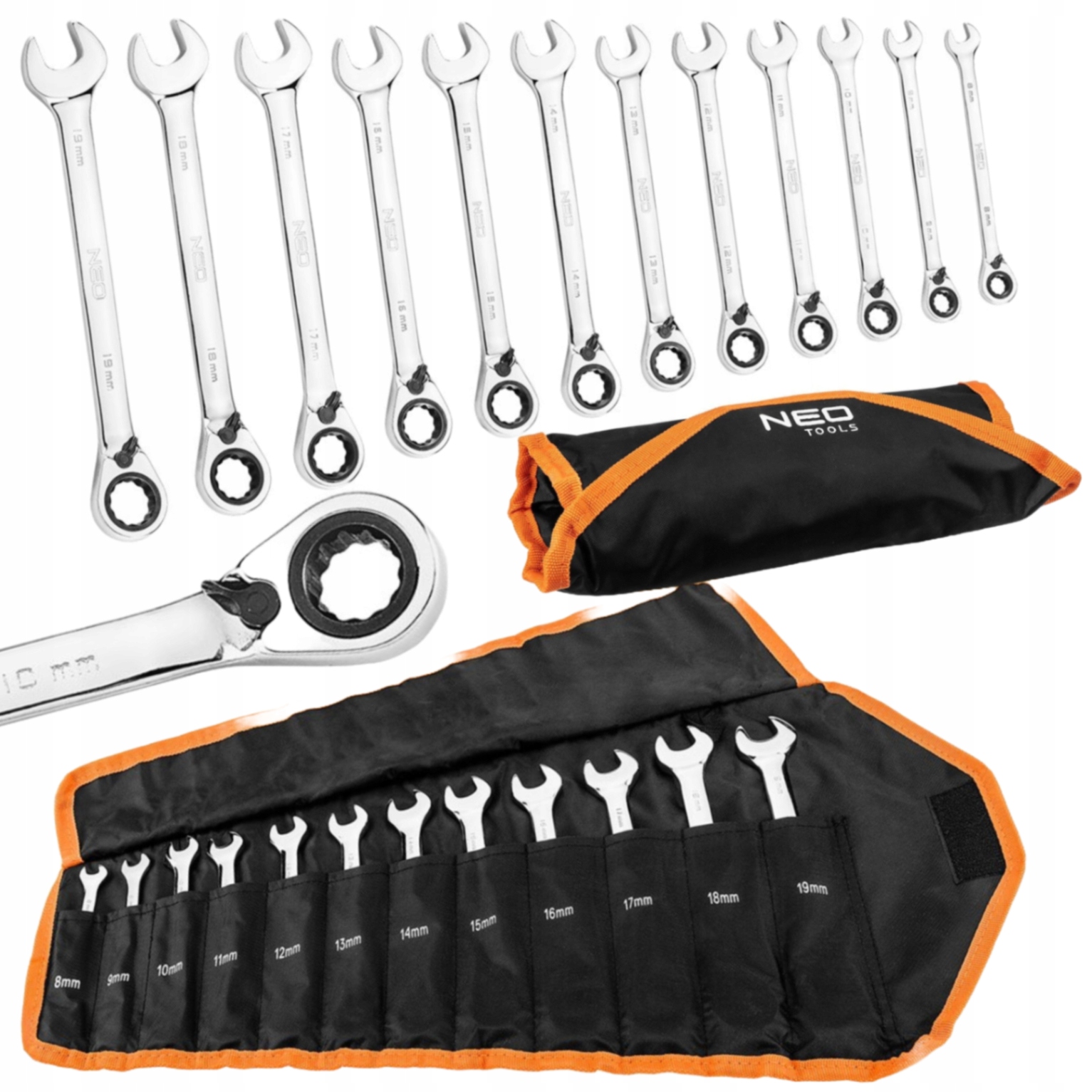 Sada plochých kľúčov s račňou a prepínačom 8-19 mm 09-345