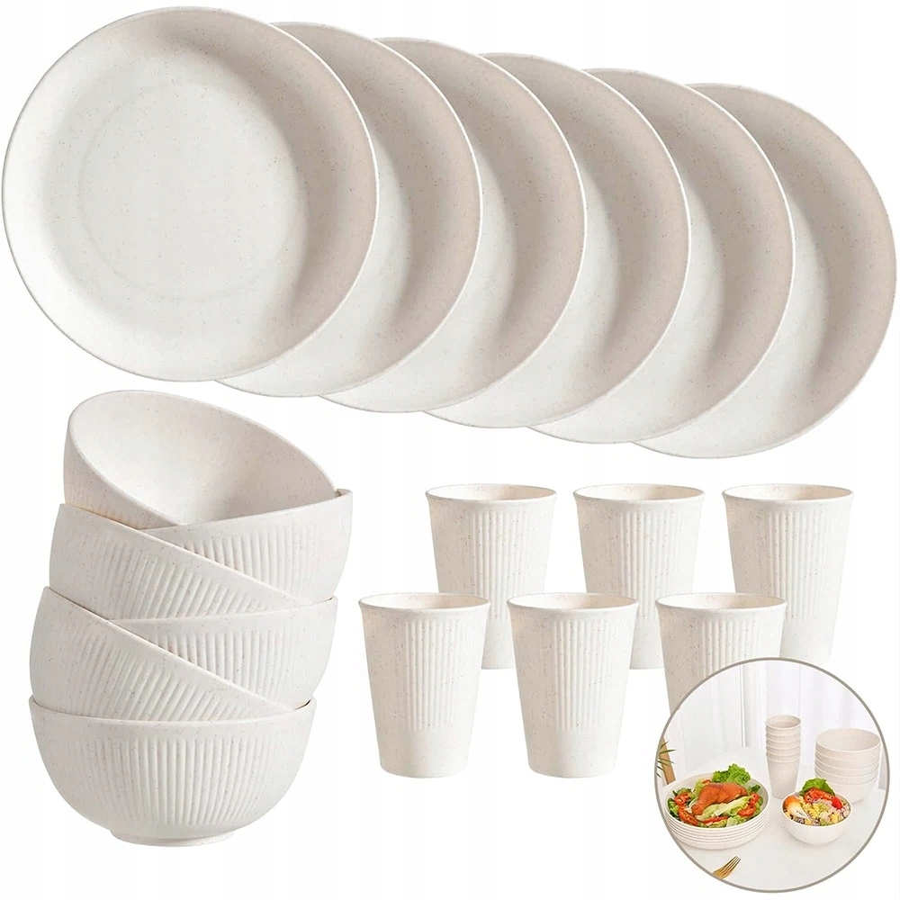 Pšeničné Nádobí Sada 18 Kusů Pro 6 Osob Béžová Picnic Kempingová Sada