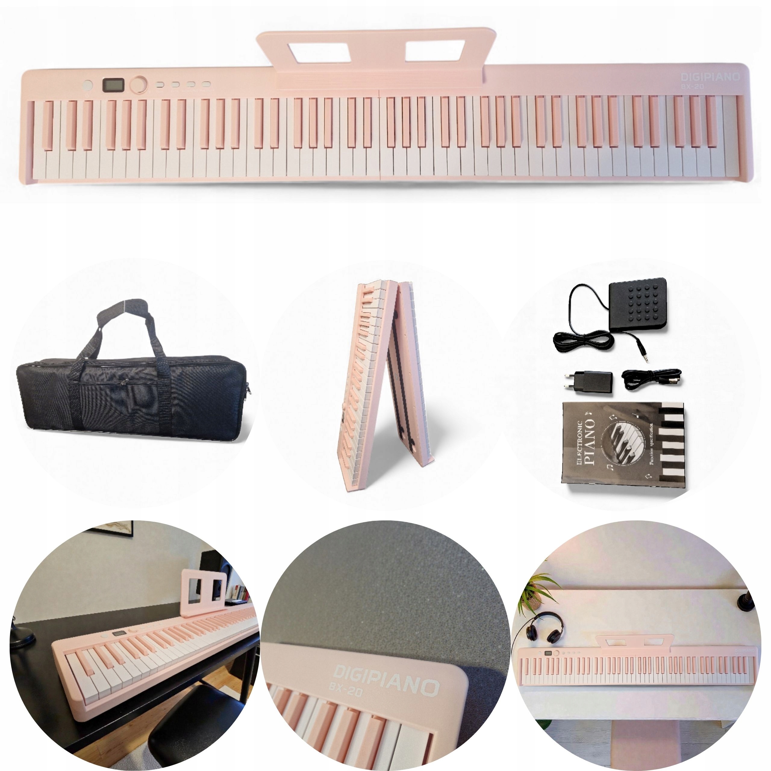 Skládací digitální piano 88 kláves Digi Piano BX-20 Růžová Sada