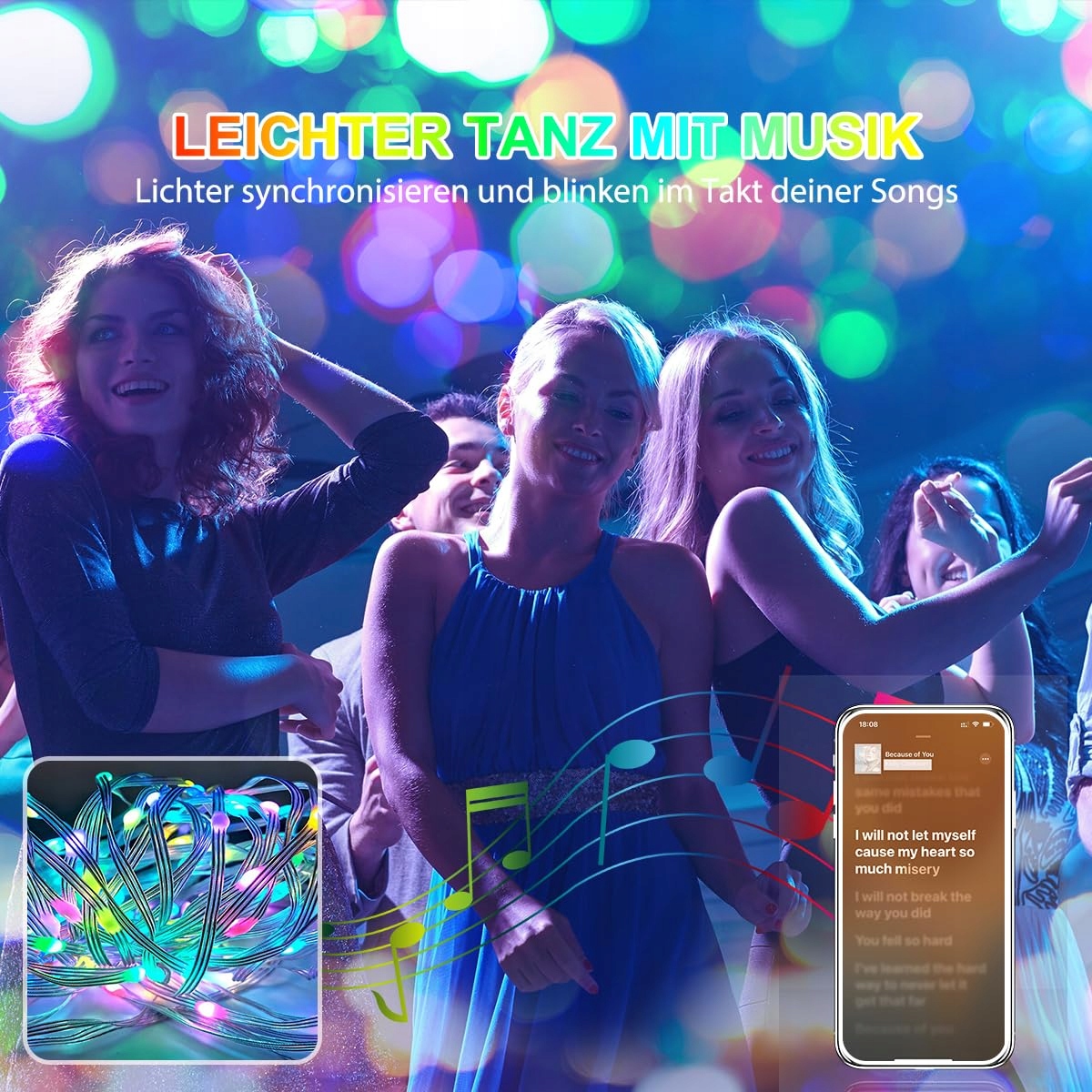 QINER Kurtyna Świetlna 3x3m 300LED Kolor APP Muzyka — miniatura 2