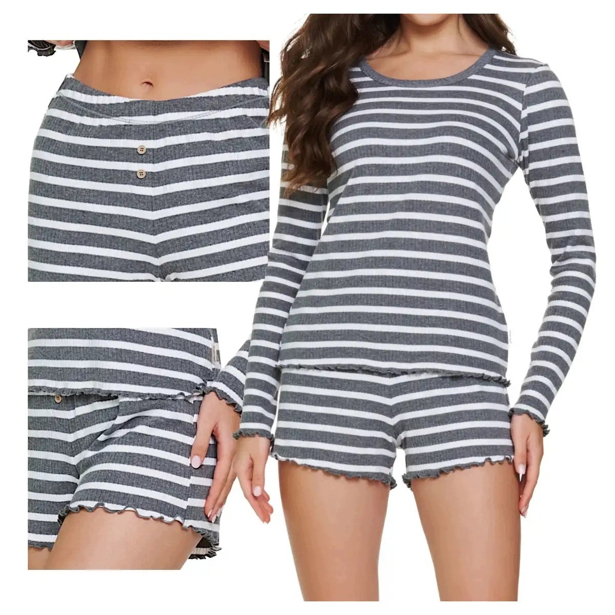 Dámské pyžamo Pm 7542 Stripes bavlněné žebrované dlouhé rukávy šortky XL