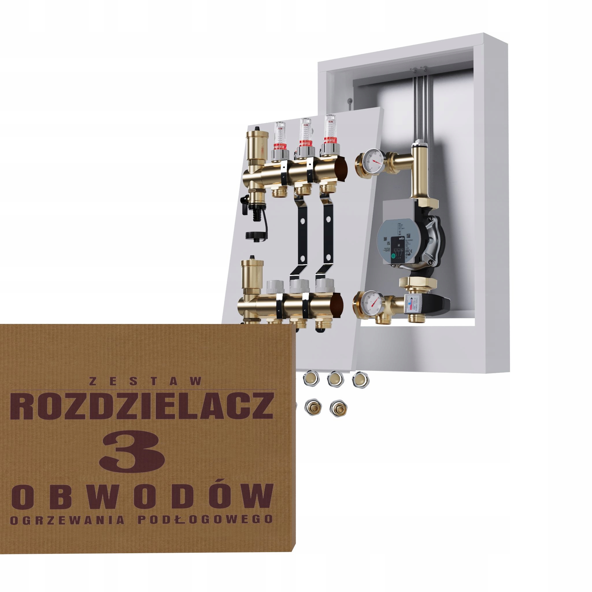 Rozdělovač pro podlahu, 2 podlahové topení, nástěnná skříňka Pex