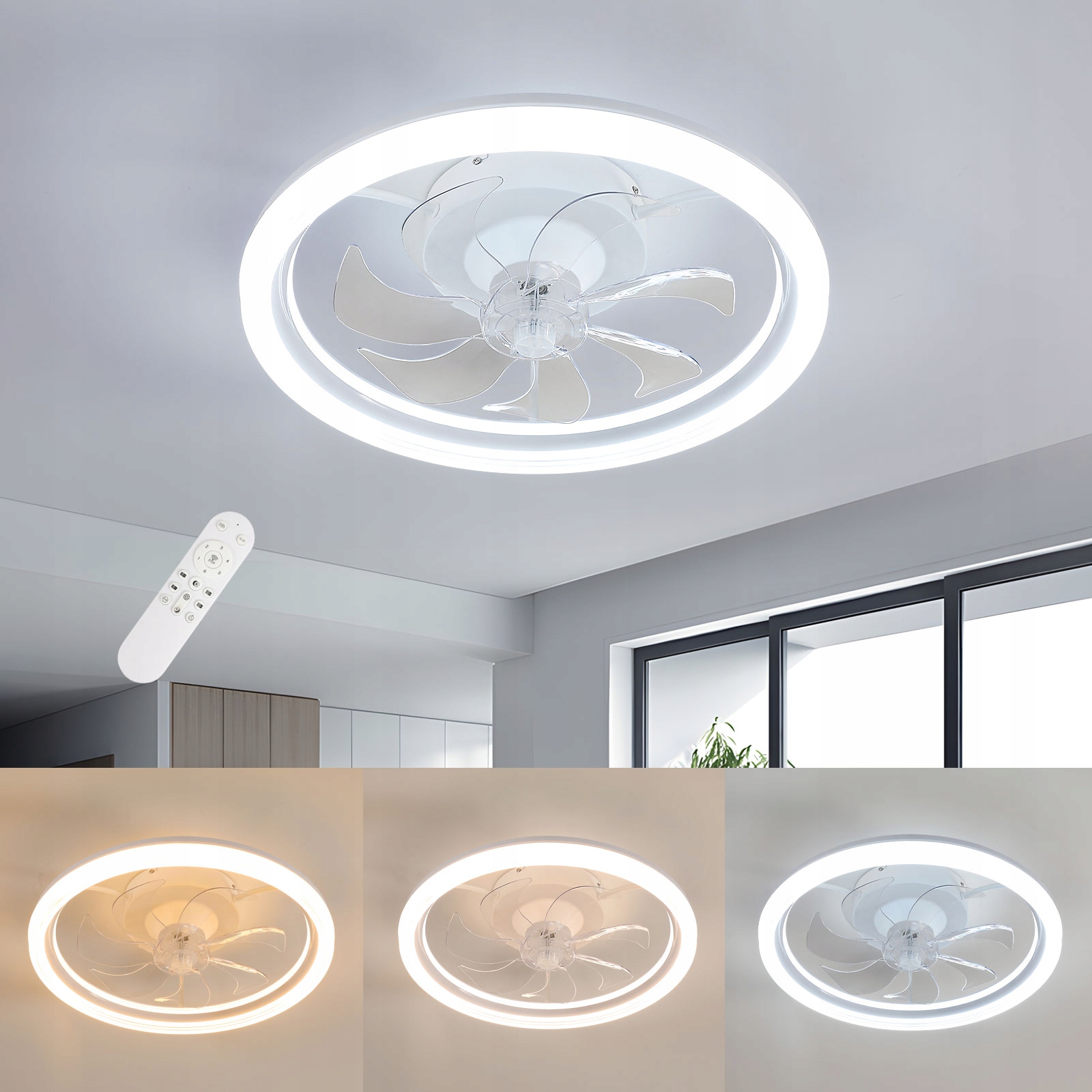 Stropní Ventilátor S Led Světlem Bílý Kulatý Stmívatelný Dálkové Ovládání 36W