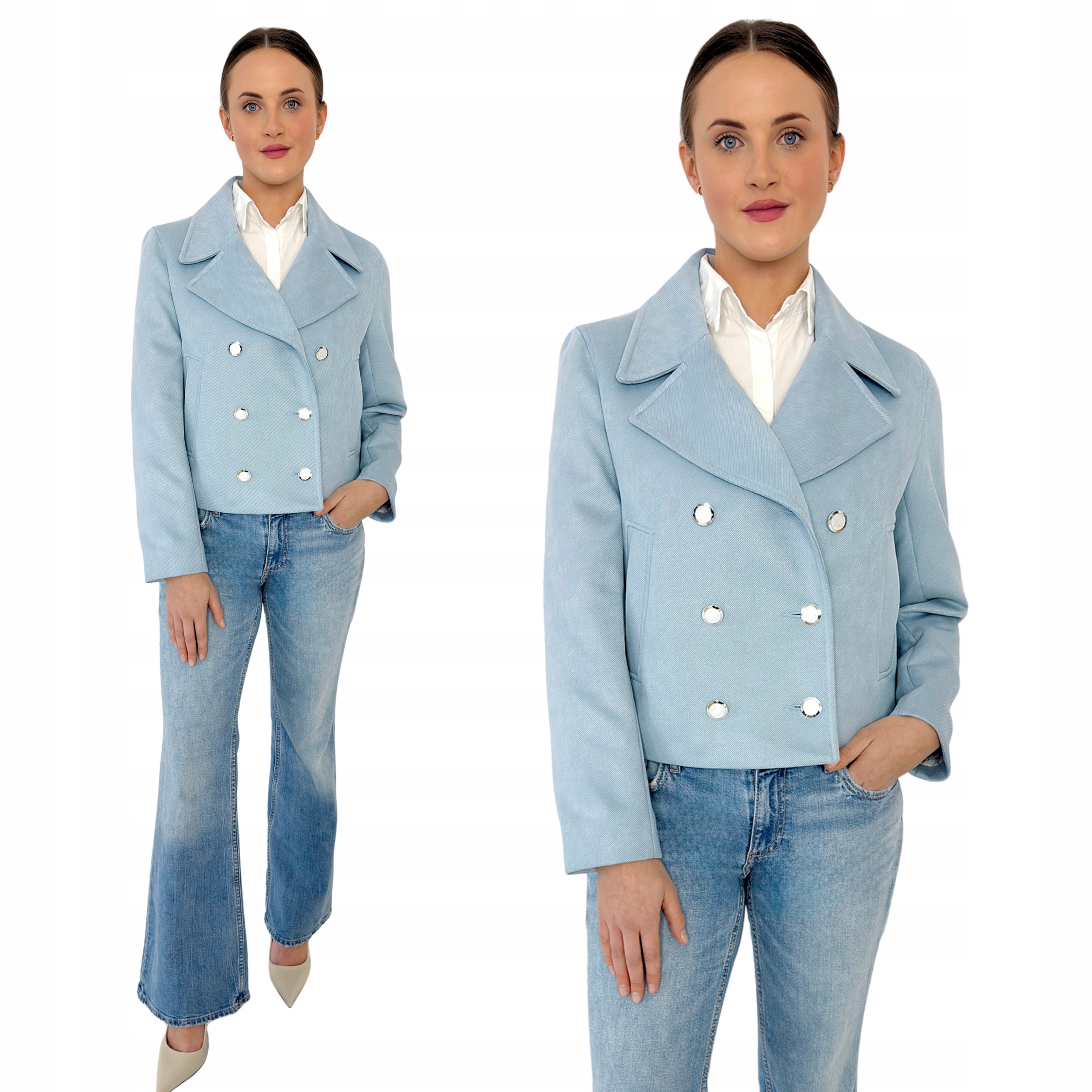 Elegantní krátký dvouřadý dámský jarní kabát Sabrina modrý Estodo