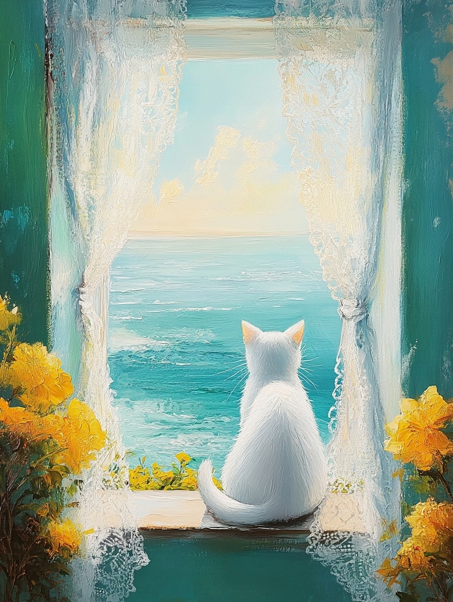Obraz Na Plátně Canvas Impression Okno Pohled Moře Bílá Kočka Květiny 60x80