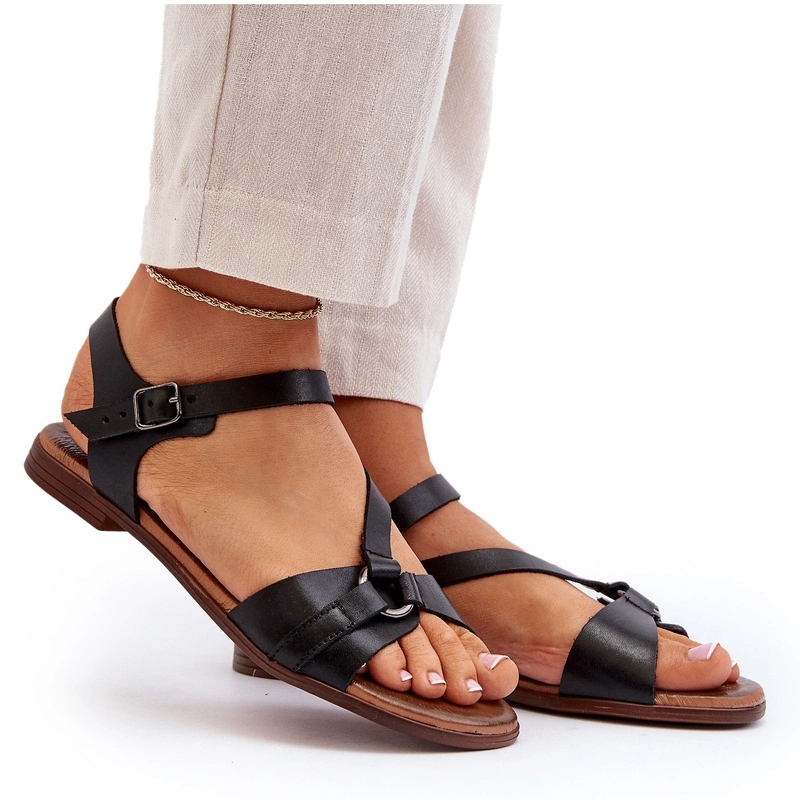 Zazoo 40182 Dámské Kožené Sandály Na Plochém Podpatku, Černé 38