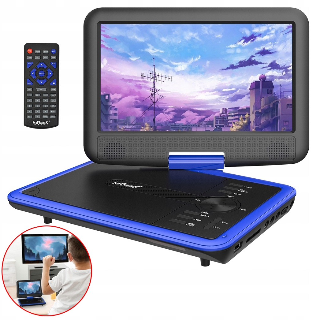 9" Přenosný DVD Přehrávač, Herní Konzole, Otáčení Přes Usb/sd/sync, Modrá Barva