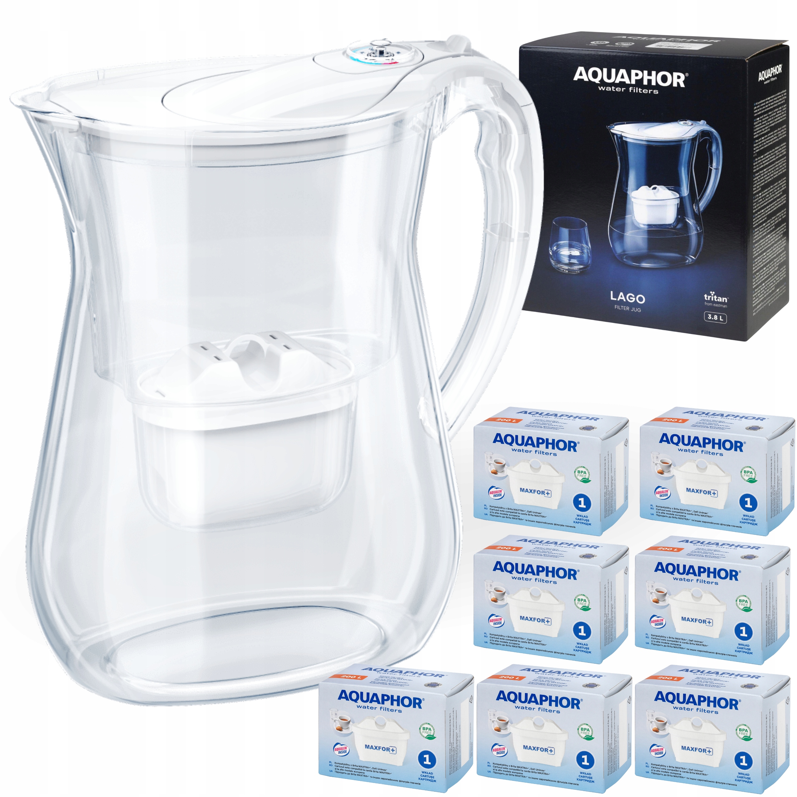 Dzbanek filtrujący wodę Aquaphor Lago biały 3.8L, 7 wkładów Maxfor+