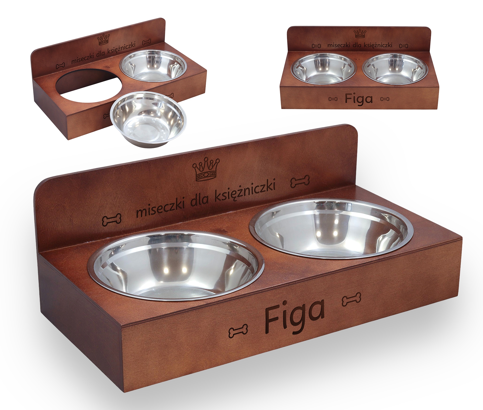 Miska Pro Psa Se Stojanem, Dvojitá, Dřevěná, Hnědá, Jméno Psa