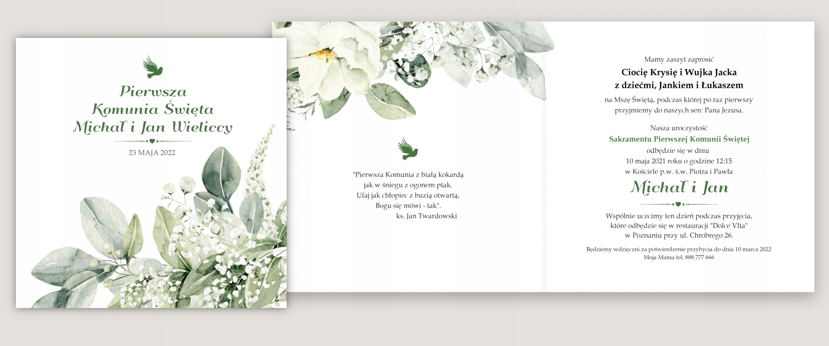 Zaproszenia na Komunię Personalizowane dla CHŁOPCA MOTYW ROŚLINNY LIŚCIE Wysokość produktu 14.2 cm