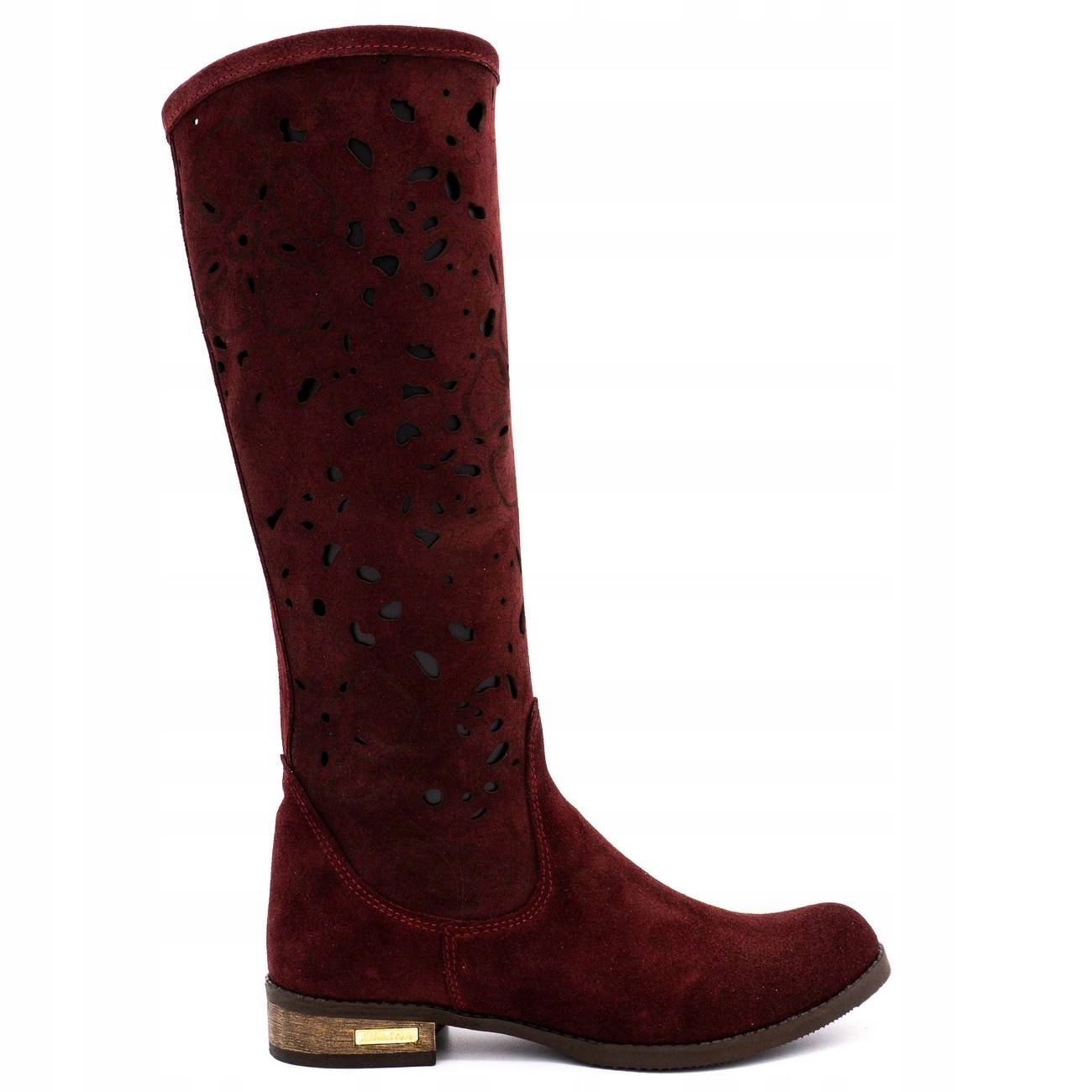 Dámské kozačky s prolamovanými výřezy, kůže, vínové květy, nízký podpatek, velikost 36