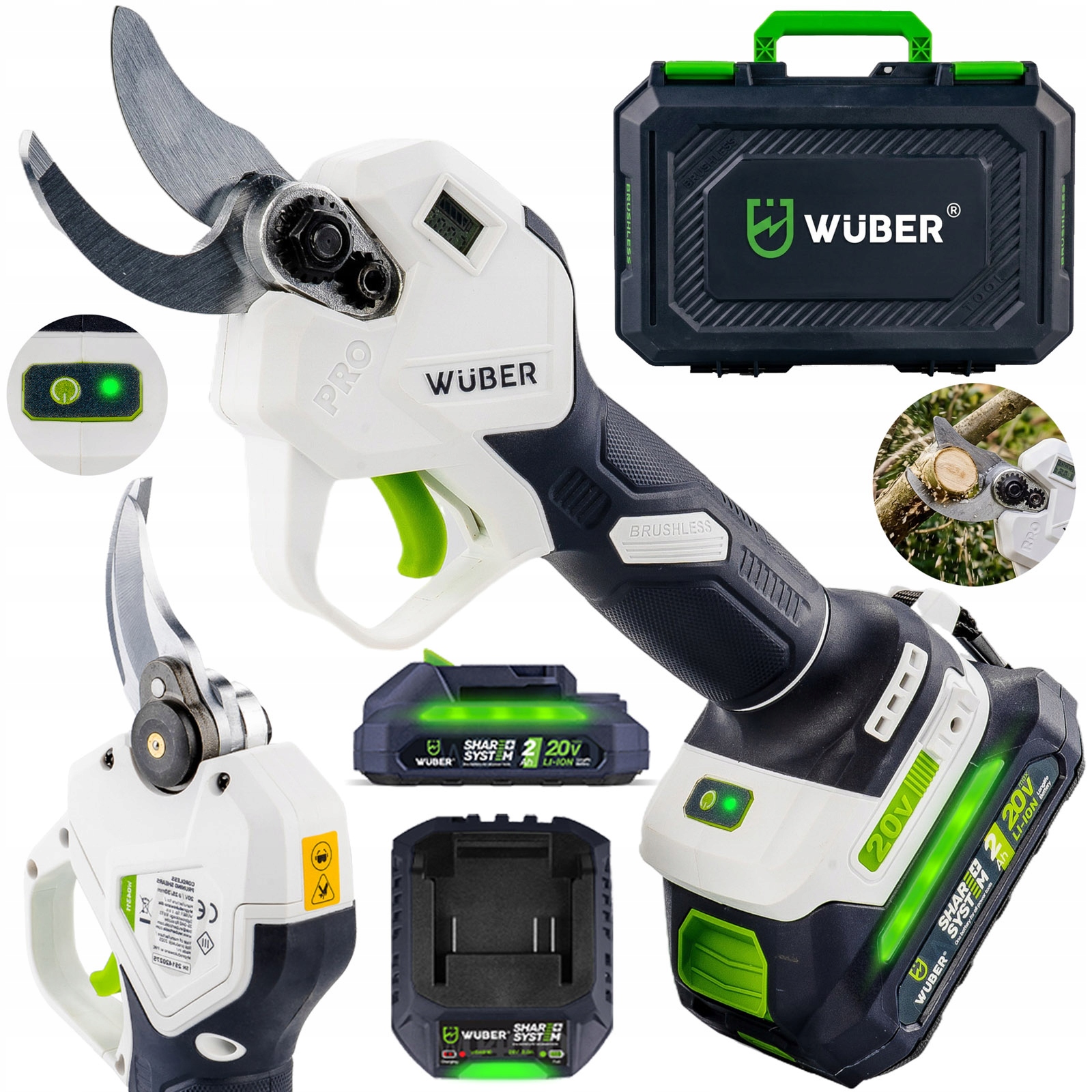 Akumulatorowe Nożyce Do Gałęzi Sekator Elektryczny 20V LCD Zestaw Aku 2.0AH